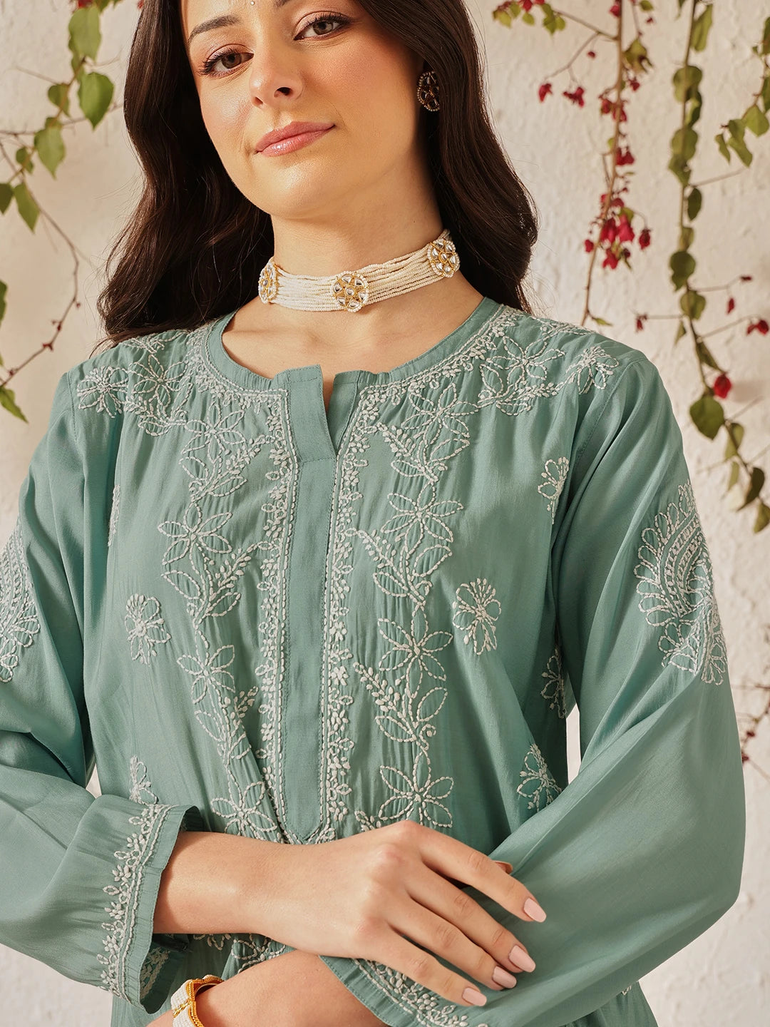 Ada Hand Embroidered Teal Green Chanderi Lucknowi Chikankari Kurta Set A811381