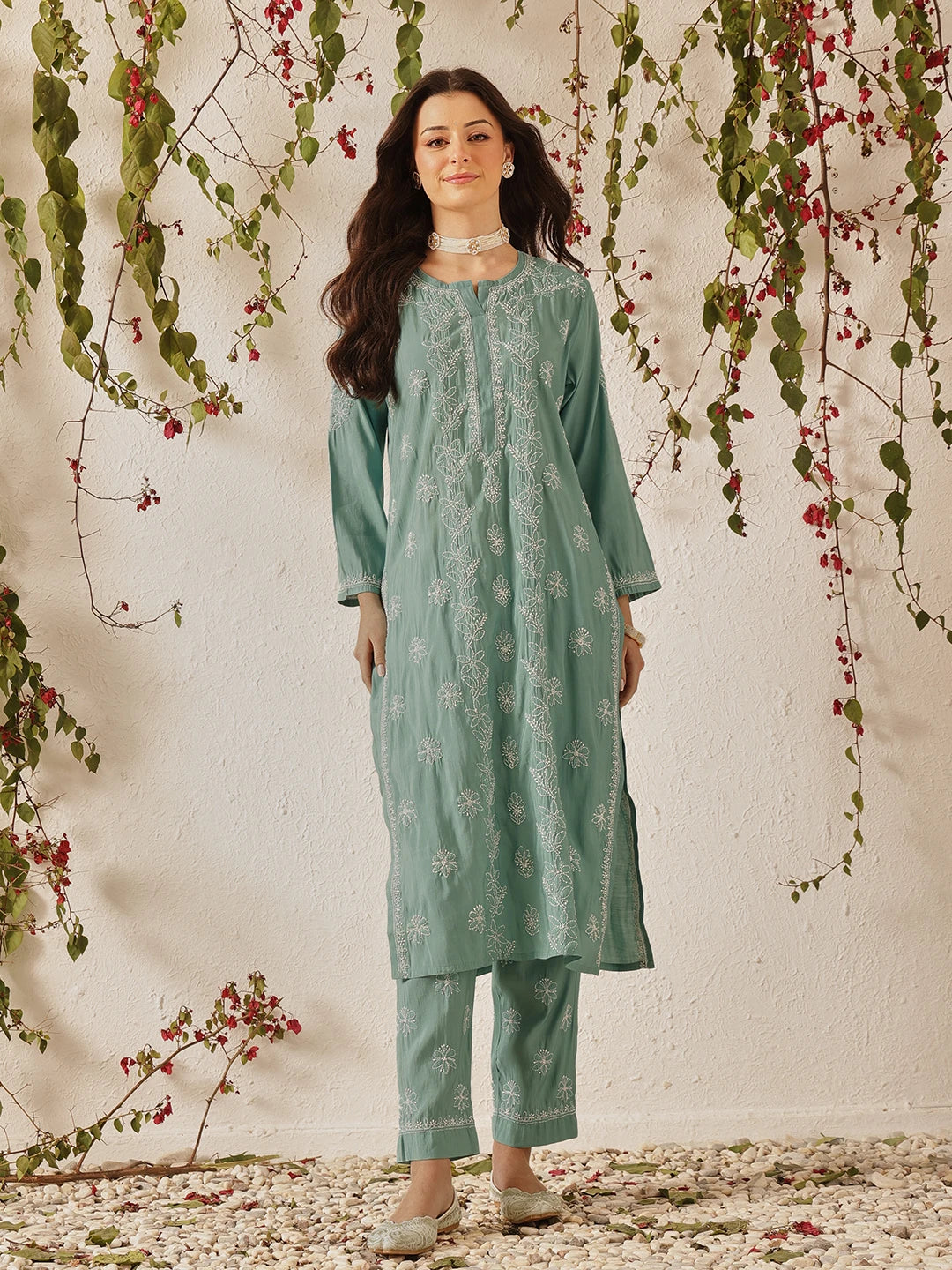 Ada Hand Embroidered Teal Green Chanderi Lucknowi Chikankari Kurta Set A811381