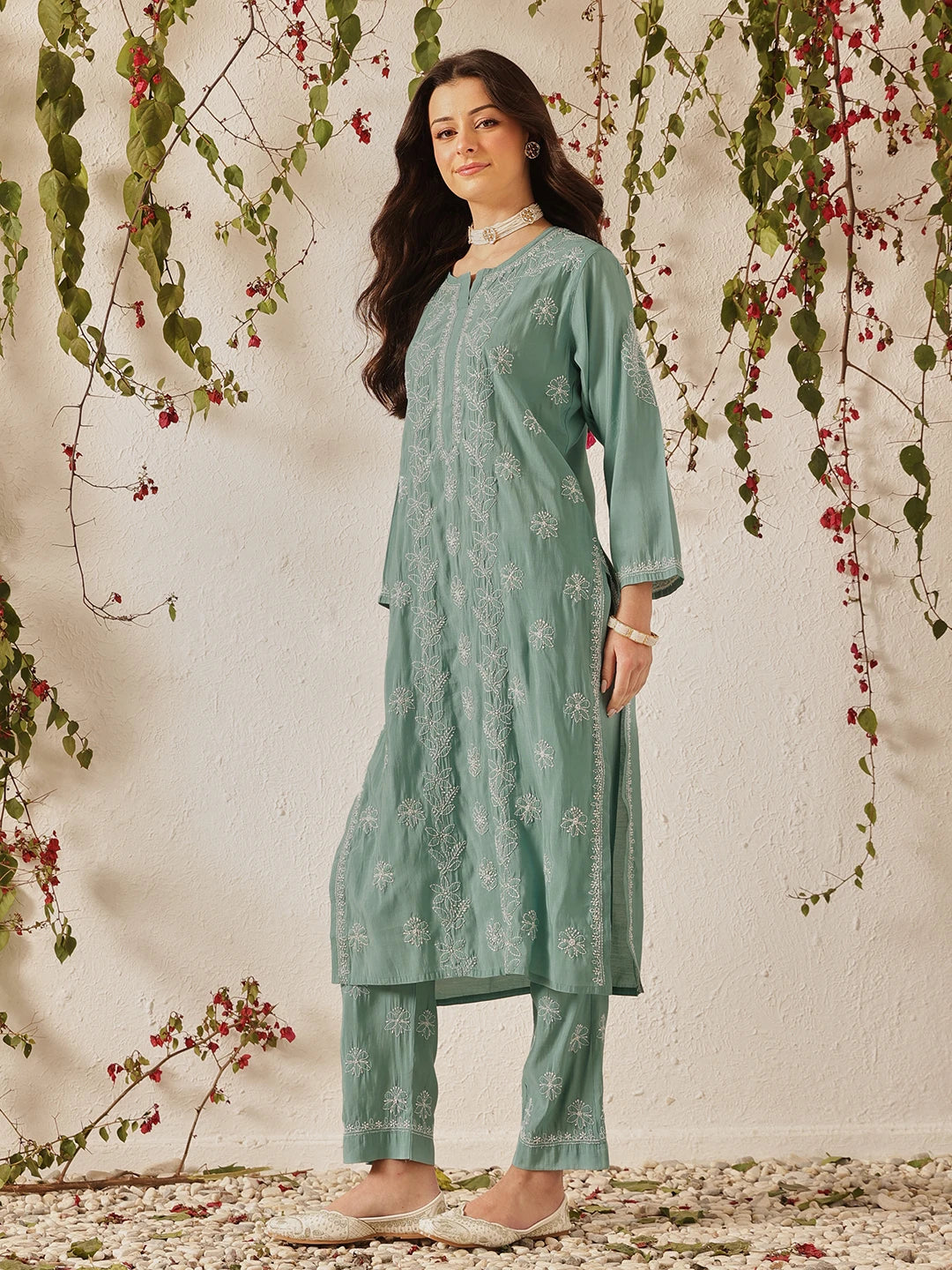 Ada Hand Embroidered Teal Green Chanderi Lucknowi Chikankari Kurta Set A811381