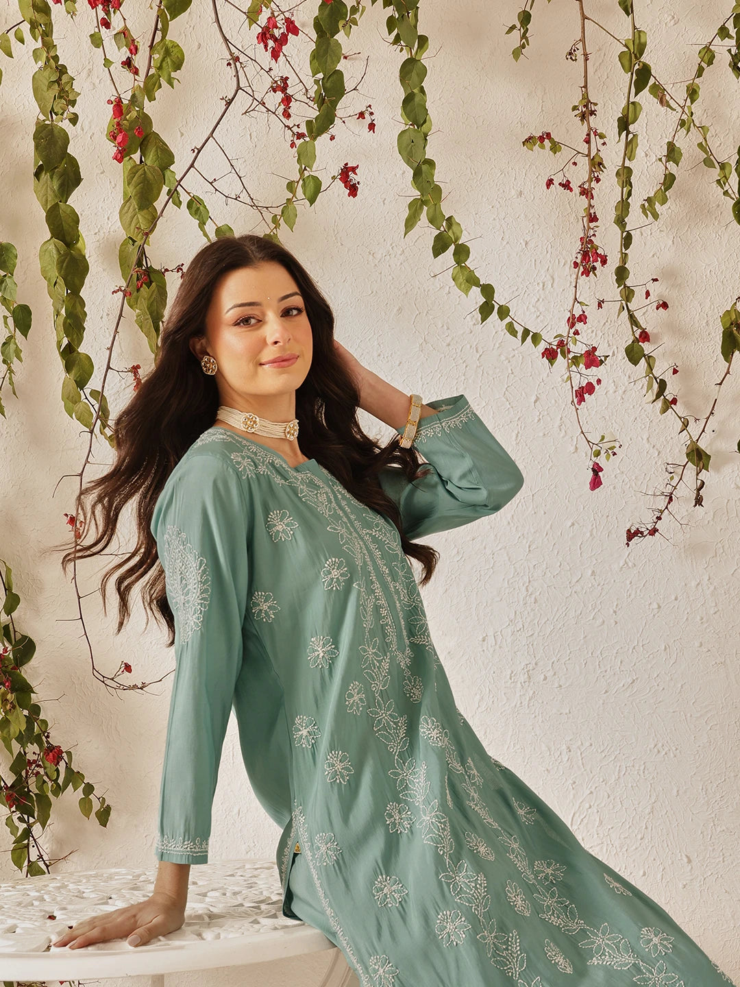 Ada Hand Embroidered Teal Green Chanderi Lucknowi Chikankari Kurta Set A811381