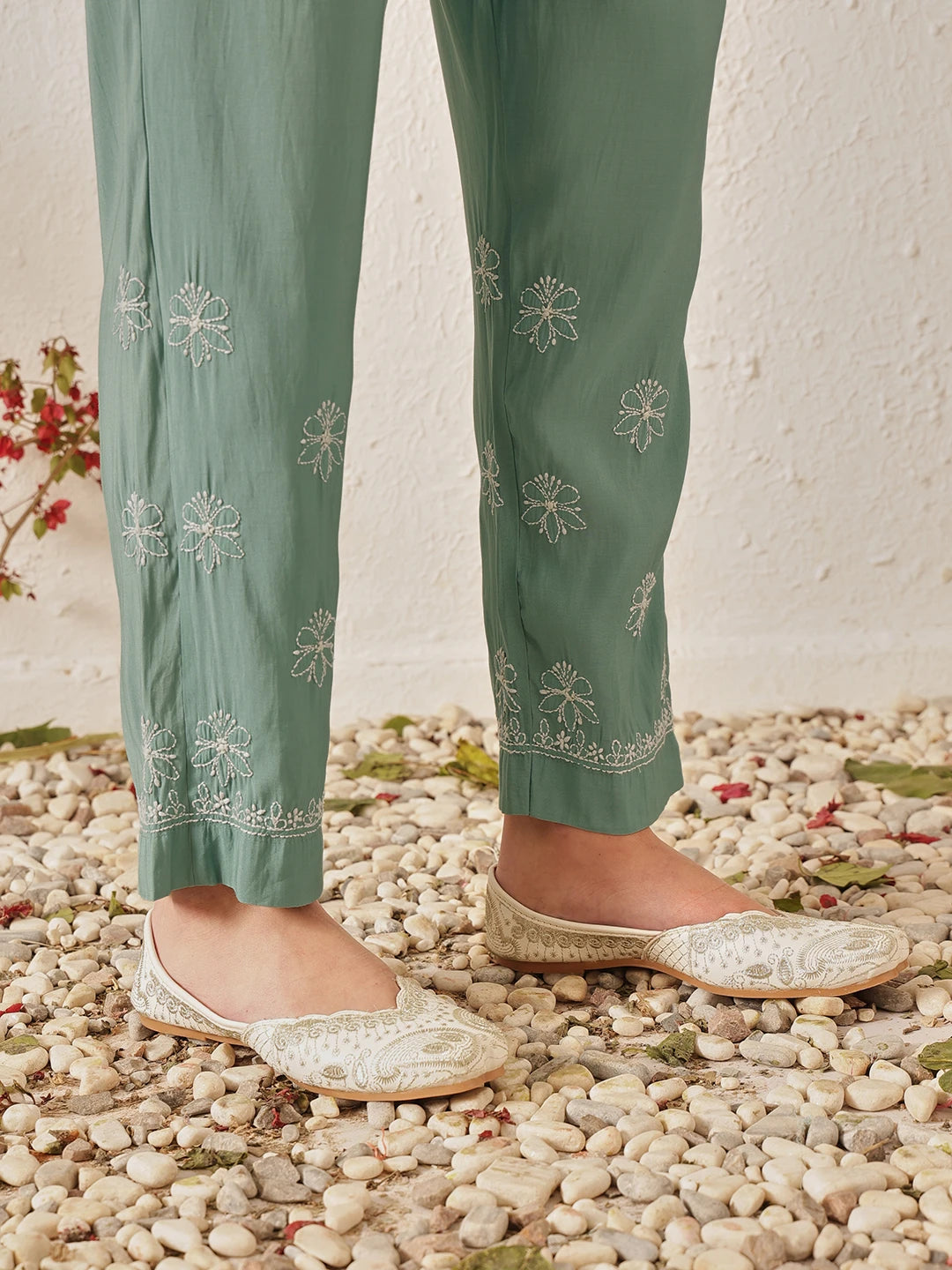 Ada Hand Embroidered Teal Green Chanderi Lucknowi Chikankari Kurta Set A811381