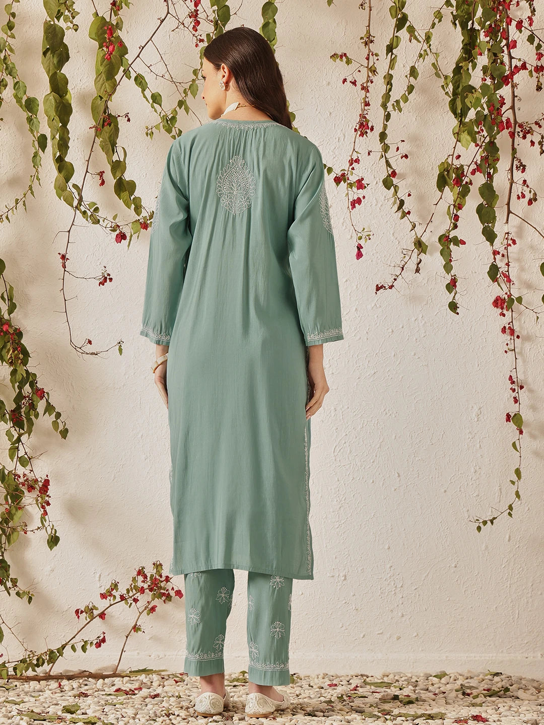 Ada Hand Embroidered Teal Green Chanderi Lucknowi Chikankari Kurta Set A811381