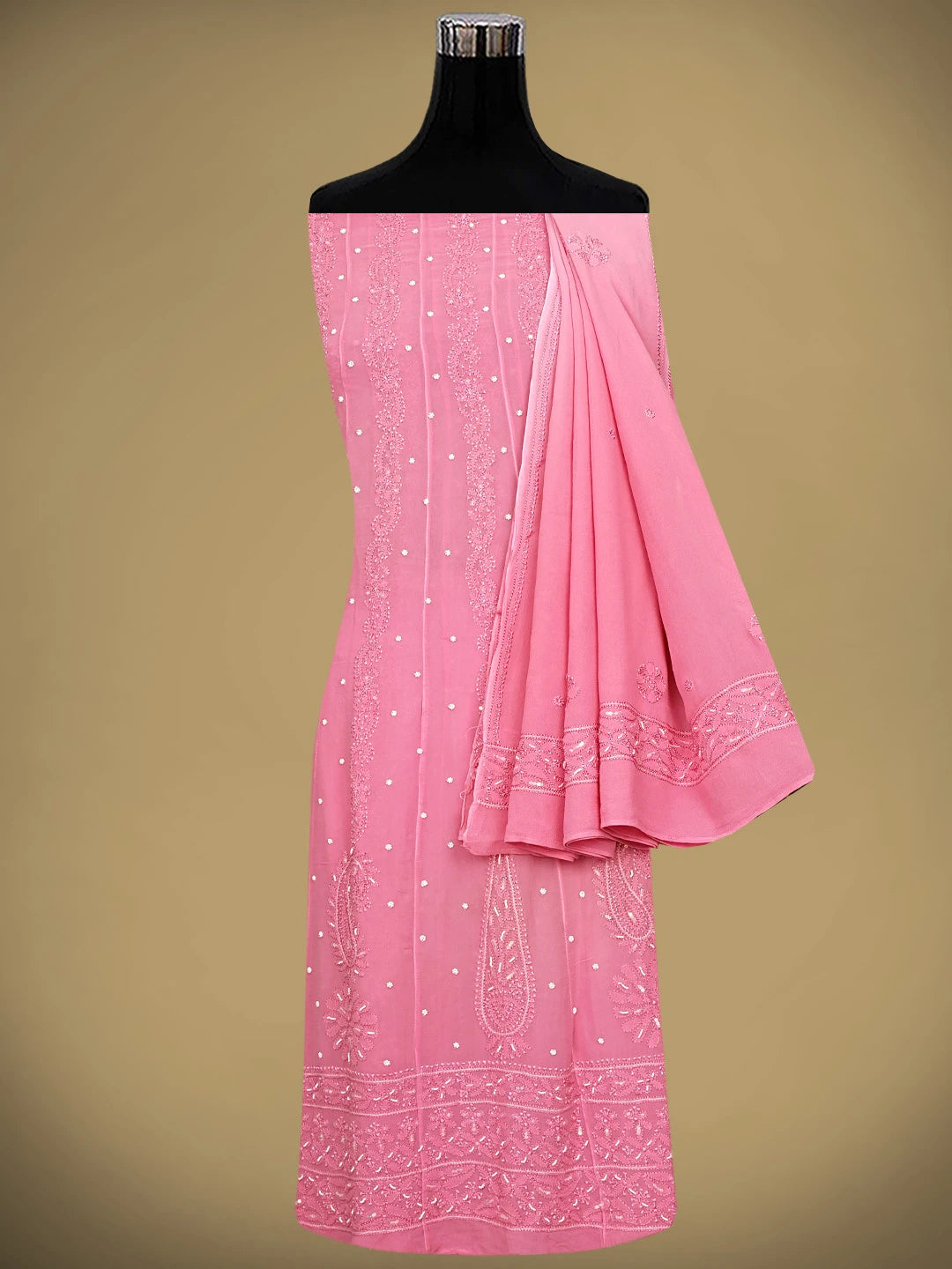 Ada Hand Embroidered Pink Viscose Georgette Lucknowi Chikankari Semi-Stitched Anarkali Kurta Dupatta Set With Sequinned Work 01A879162