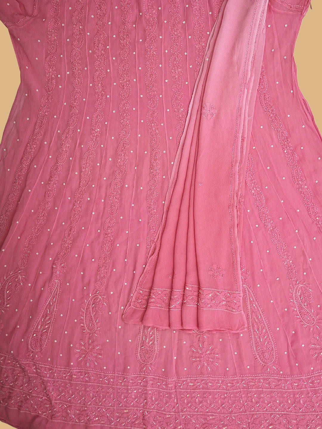 Ada Hand Embroidered Pink Viscose Georgette Lucknowi Chikankari Semi-Stitched Anarkali Kurta Dupatta Set With Sequinned Work 01A879162