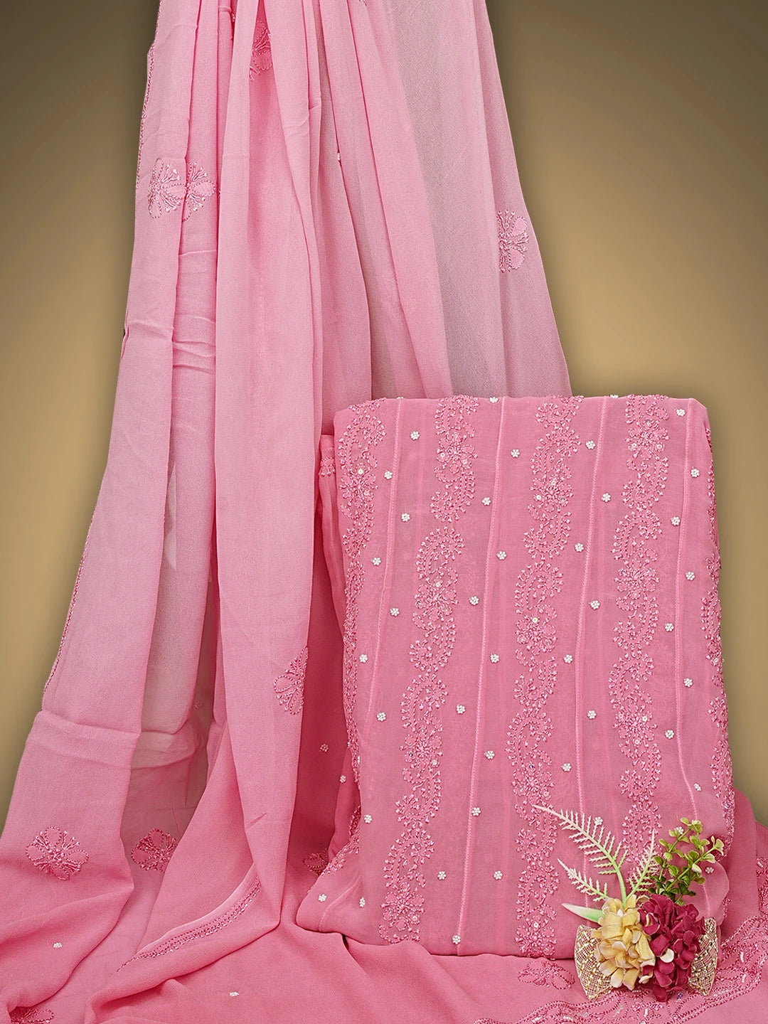 Ada Hand Embroidered Pink Viscose Georgette Lucknowi Chikankari Semi-Stitched Anarkali Kurta Dupatta Set With Sequinned Work 01A879162