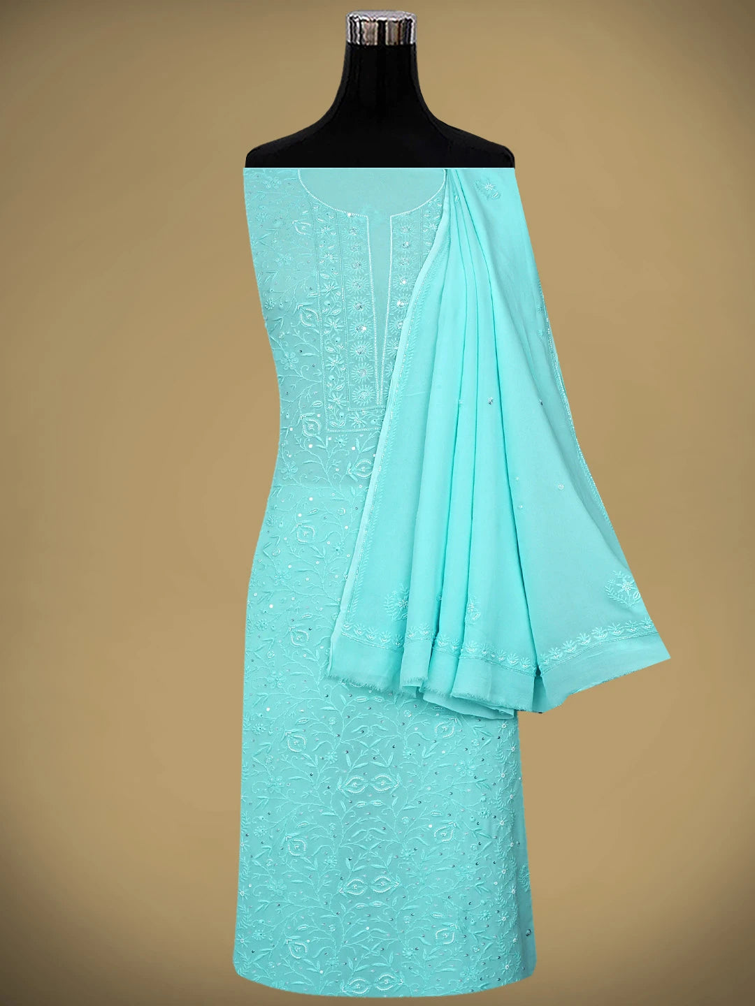 Ada Hand Embroidered Light Blue Viscose Georgette Lucknowi Chikankari UnStitched Kurta Dupatta Set With Sequinned Work 01A856614