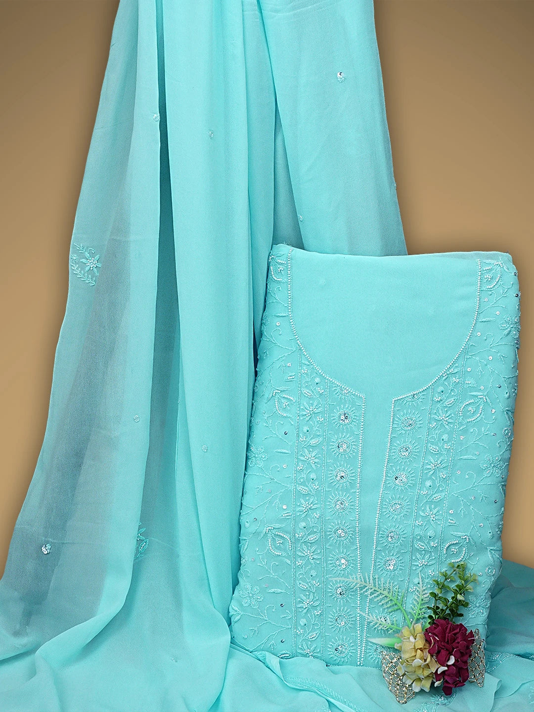 Ada Hand Embroidered Light Blue Viscose Georgette Lucknowi Chikankari UnStitched Kurta Dupatta Set With Sequinned Work 01A856614