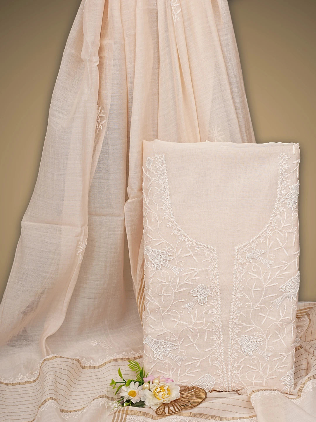Ada Hand Embroidered Light Peach Chanderi Lucknowi Chikankari Unstitched Kurta Dupatta Set With Cutdana Work 01A841077
