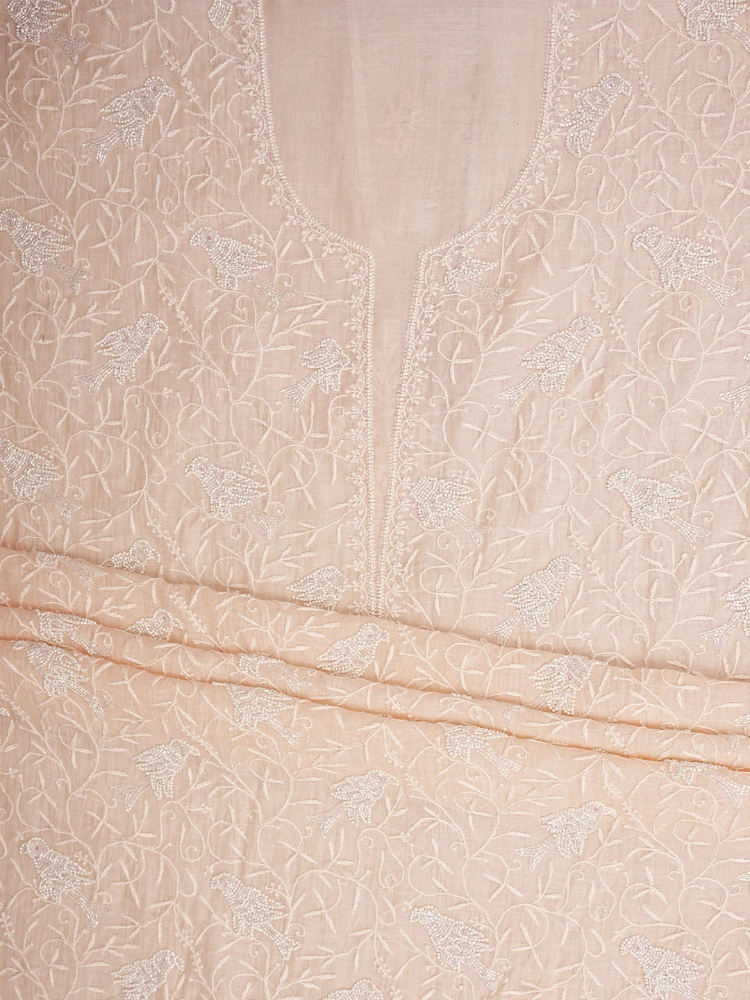Ada Hand Embroidered Light Peach Chanderi Lucknowi Chikankari Unstitched Kurta Dupatta Set With Cutdana Work 01A841077