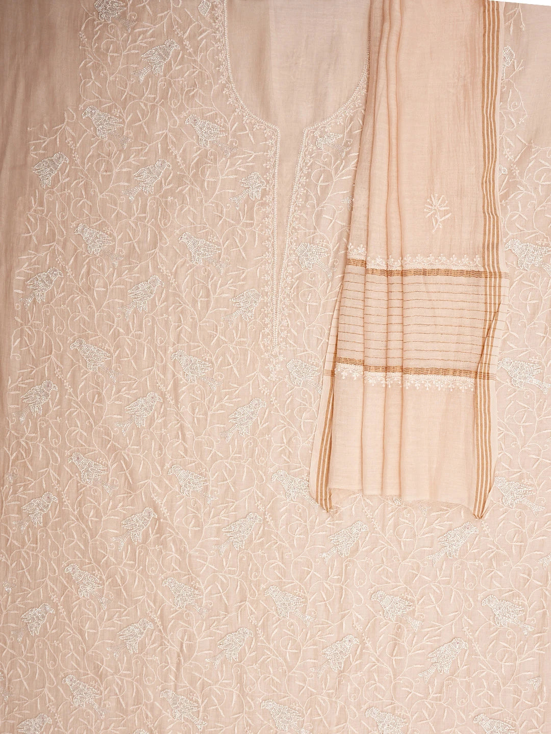 Ada Hand Embroidered Light Peach Chanderi Lucknowi Chikankari Unstitched Kurta Dupatta Set With Cutdana Work 01A841077