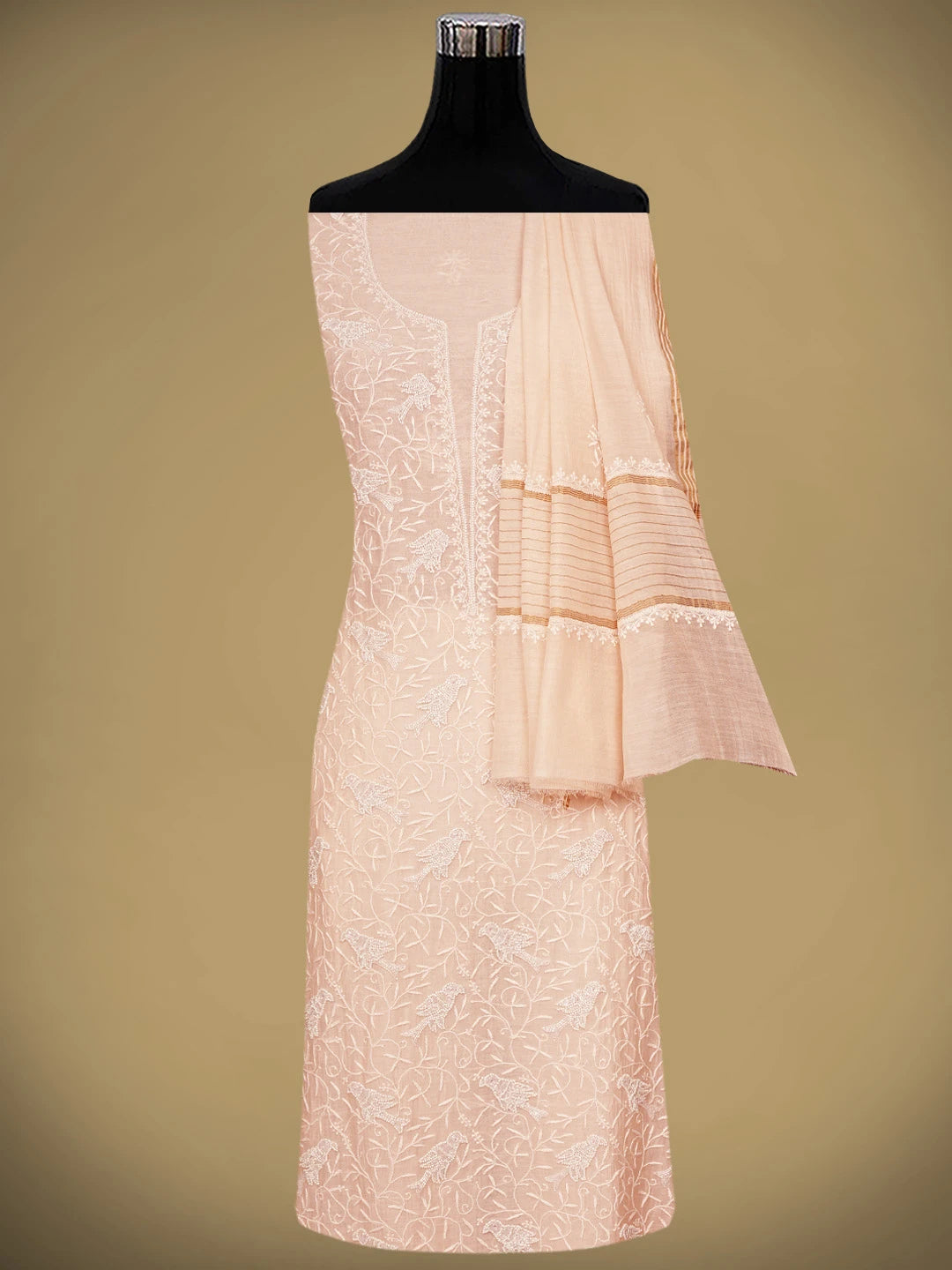 Ada Hand Embroidered Light Peach Chanderi Lucknowi Chikankari Unstitched Kurta Dupatta Set With Cutdana Work 01A841077