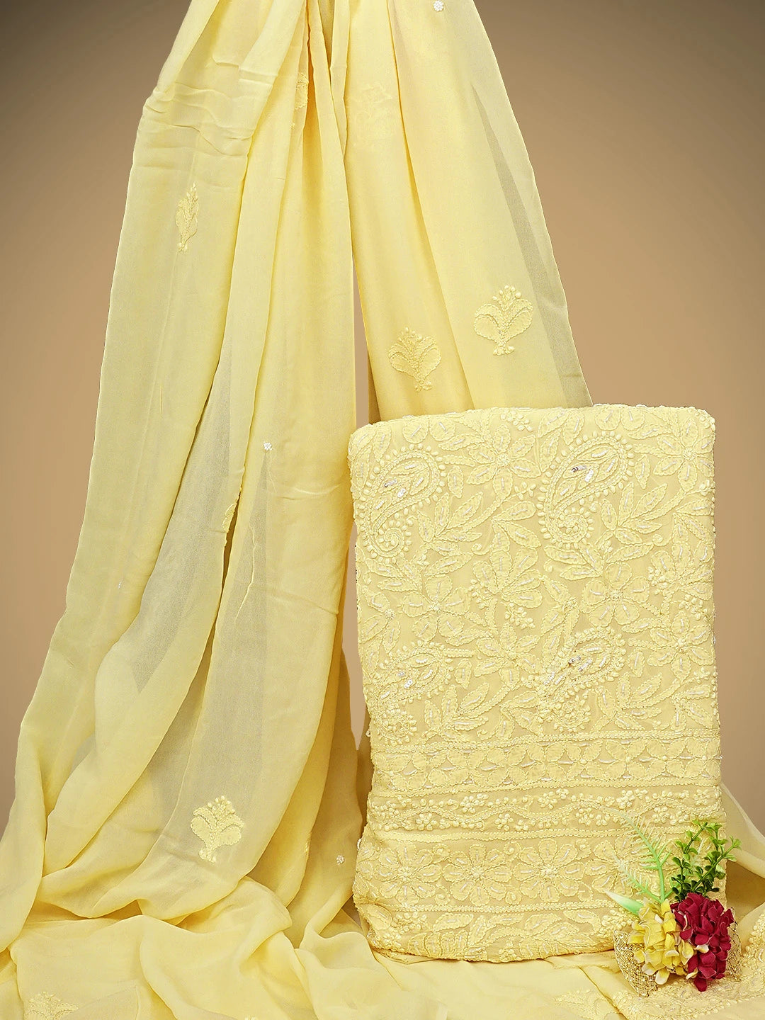 Ada Hand Embroidered Butter Yellow Viscose Georgette Lucknowi Chikankari Unstitched Kurta Dupatta Set With Cutdana Work 01A933523