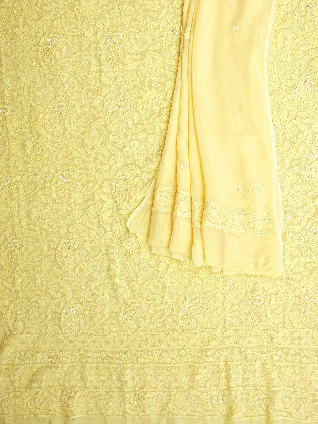 Ada Hand Embroidered Butter Yellow Viscose Georgette Lucknowi Chikankari Unstitched Kurta Dupatta Set With Cutdana Work 01A933523