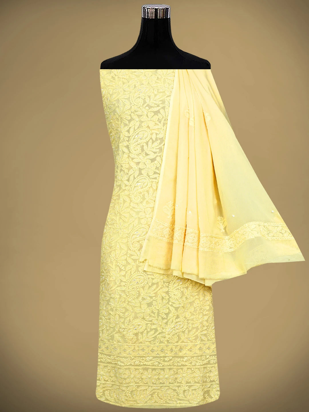 Ada Hand Embroidered Butter Yellow Viscose Georgette Lucknowi Chikankari Unstitched Kurta Dupatta Set With Cutdana Work 01A933523