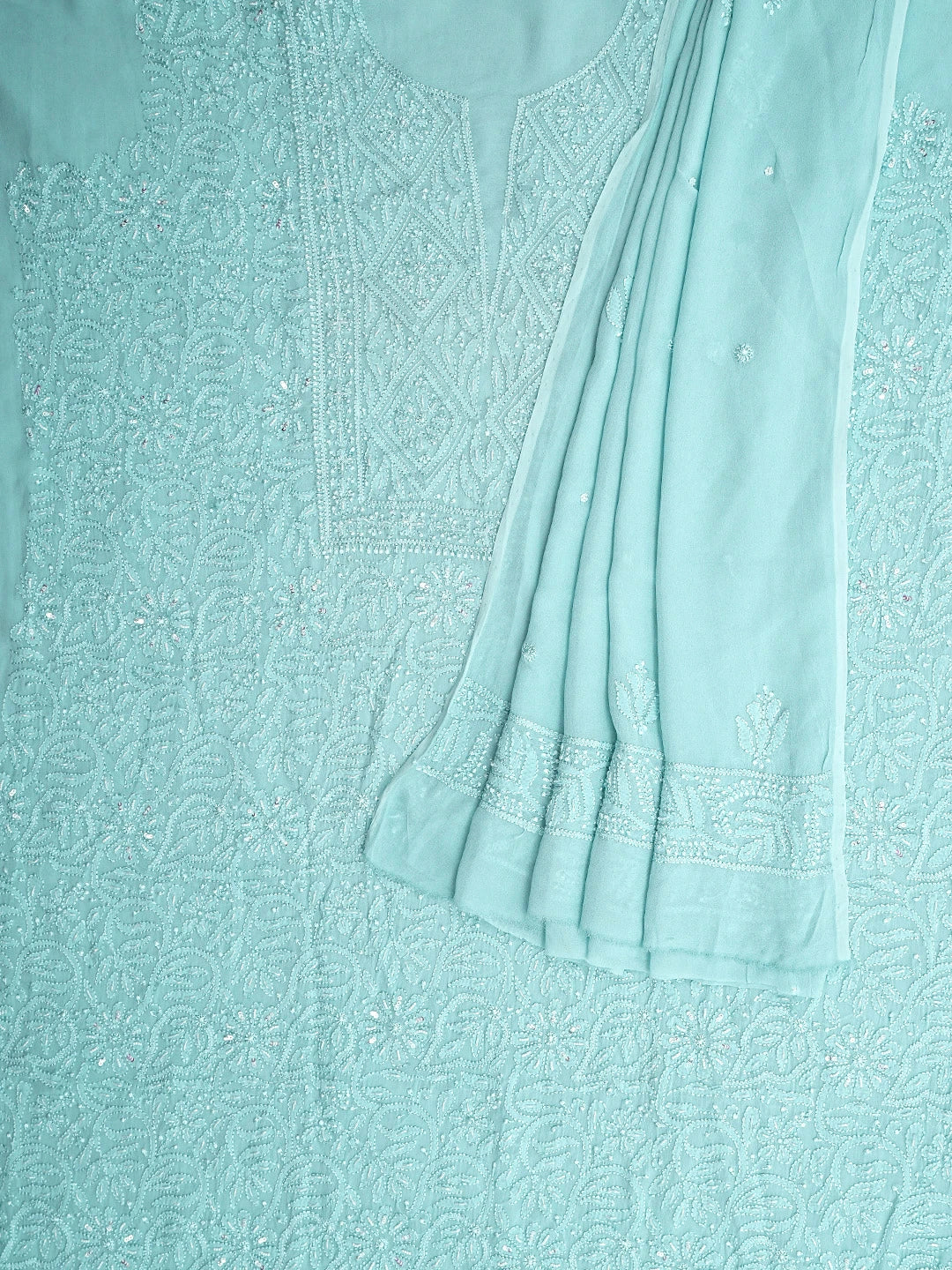 Ada Hand Embroidered Steel Blue Viscose Georgette Lucknowi Chikankari Unstitched Kurta Dupatta Set With Sequinned Work 01A933601
