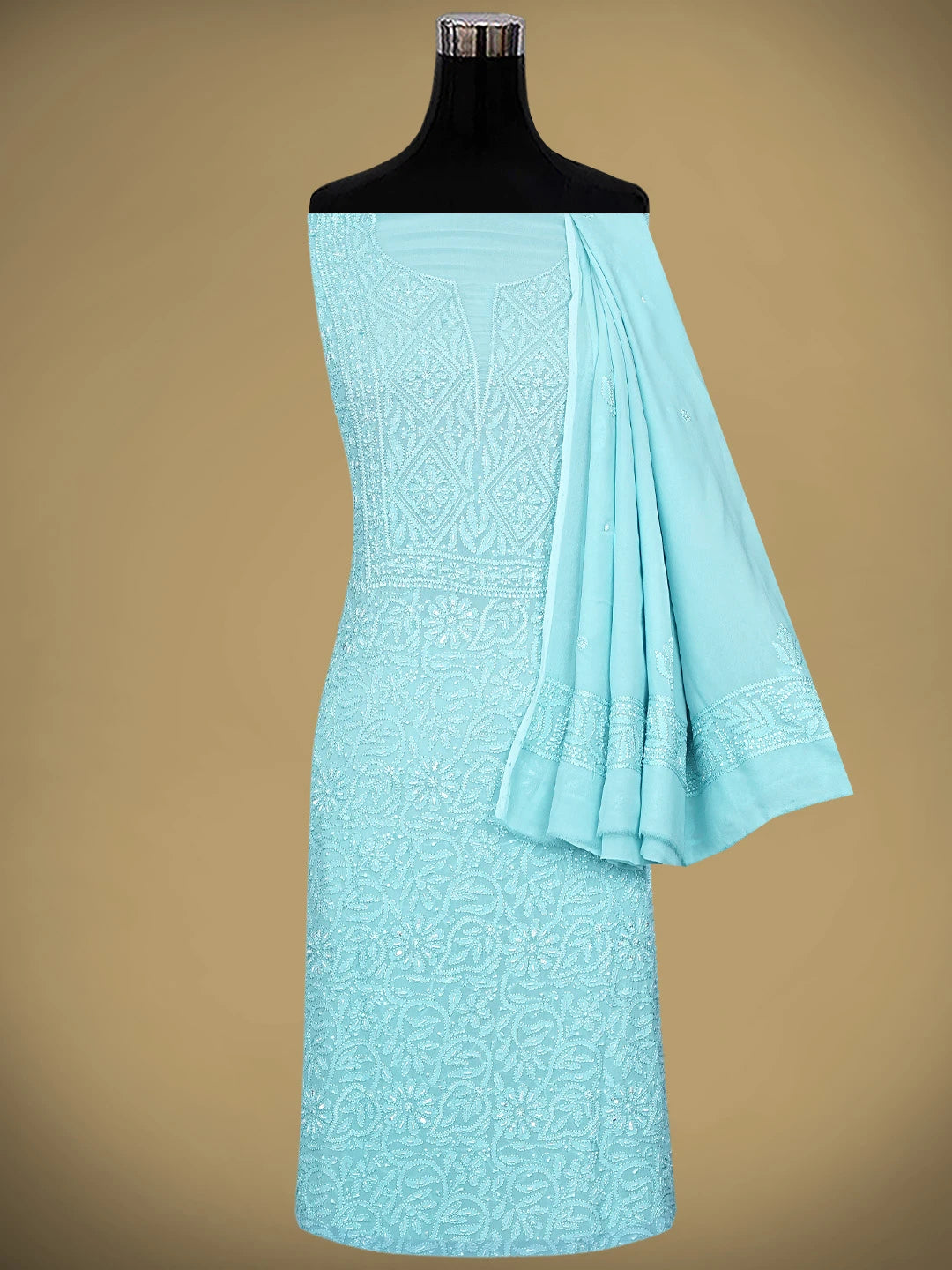 Ada Hand Embroidered Steel Blue Viscose Georgette Lucknowi Chikankari Unstitched Kurta Dupatta Set With Sequinned Work 01A933601