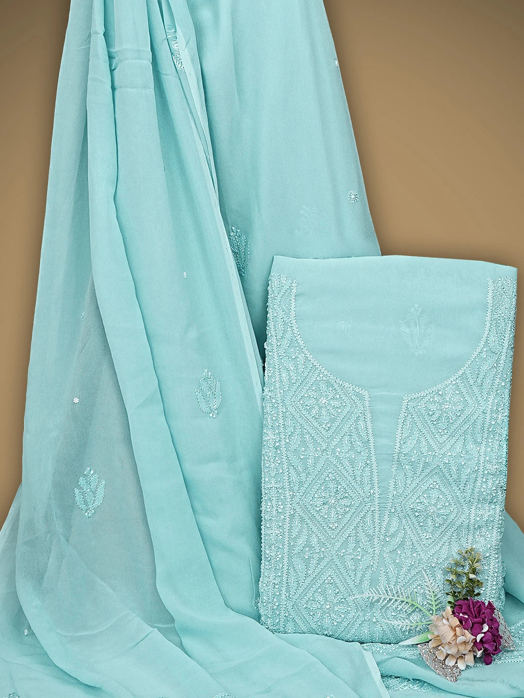 Ada Hand Embroidered Steel Blue Viscose Georgette Lucknowi Chikankari Unstitched Kurta Dupatta Set With Sequinned Work 01A933601