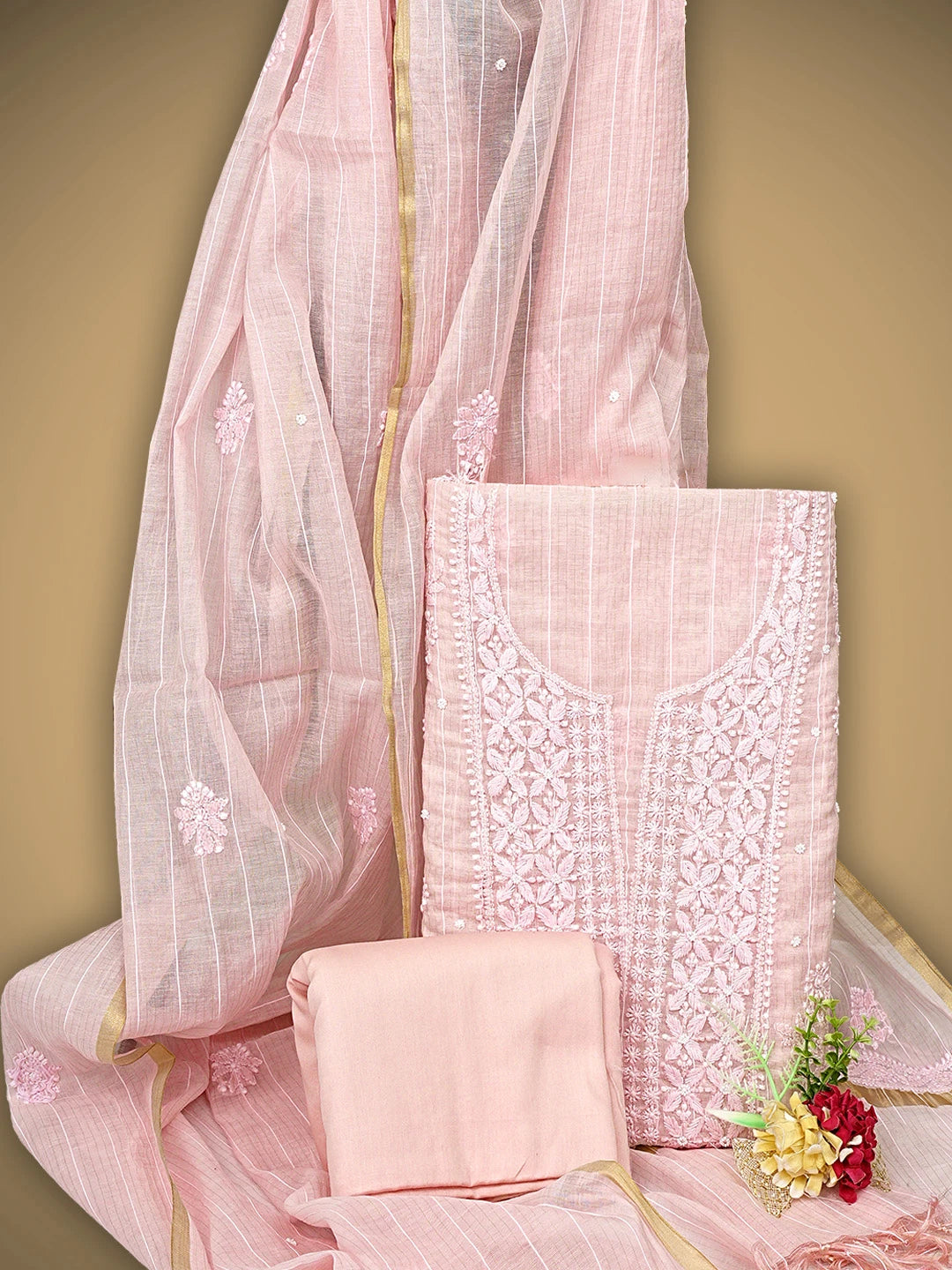 Ada Hand Embroidered Pink Chanderi Lucknowi Chikankari Unstitched Suit Piece With Pearl Work 01A937126