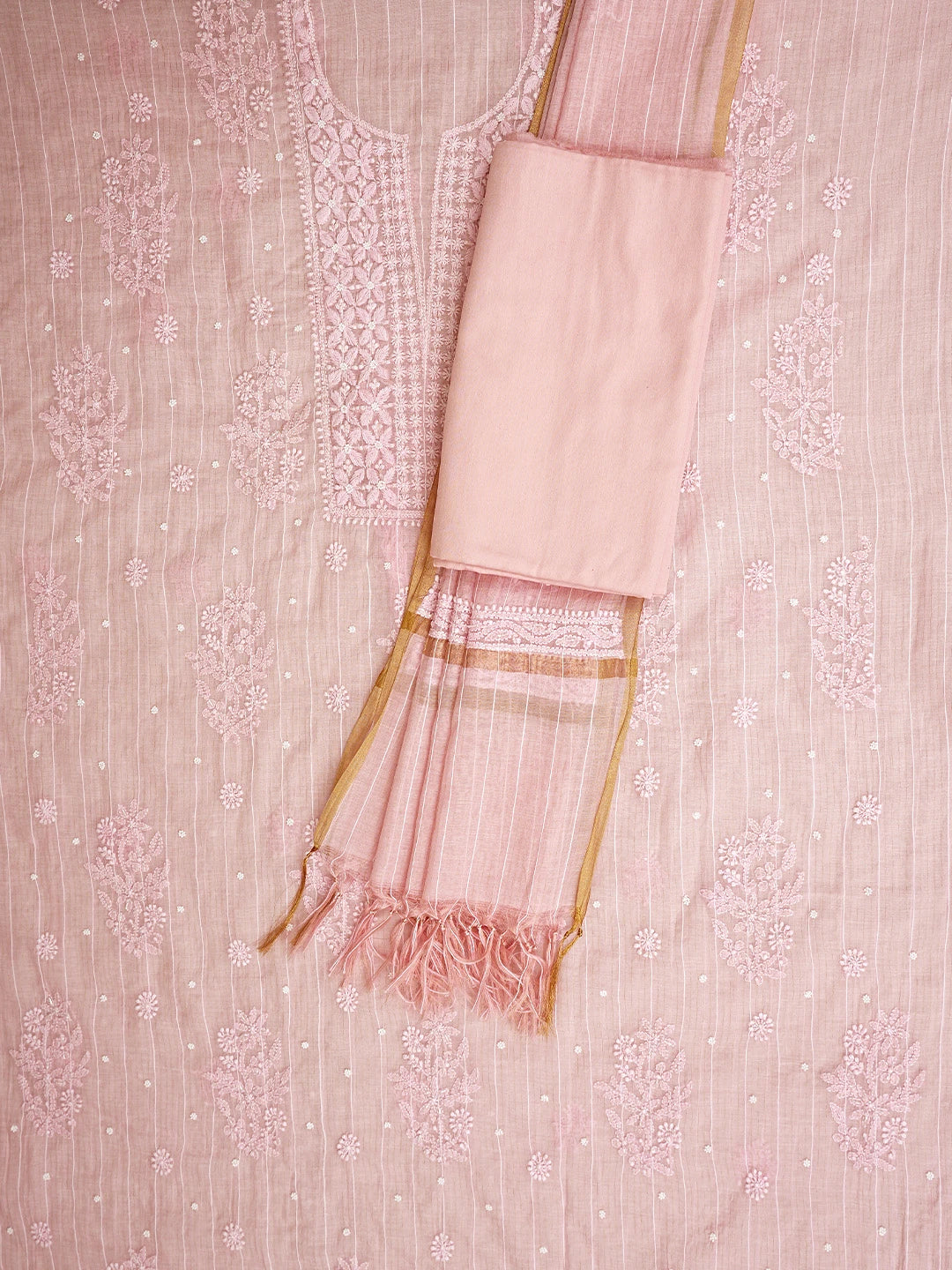 Ada Hand Embroidered Pink Chanderi Lucknowi Chikankari Unstitched Suit Piece With Pearl Work 01A937126