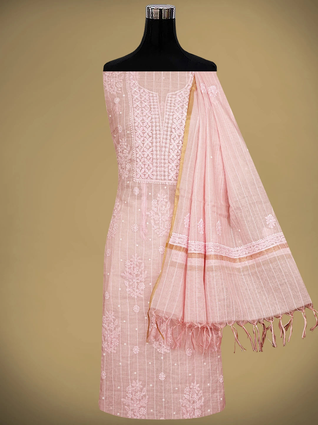 Ada Hand Embroidered Pink Chanderi Lucknowi Chikankari Unstitched Suit Piece With Pearl Work 01A937126