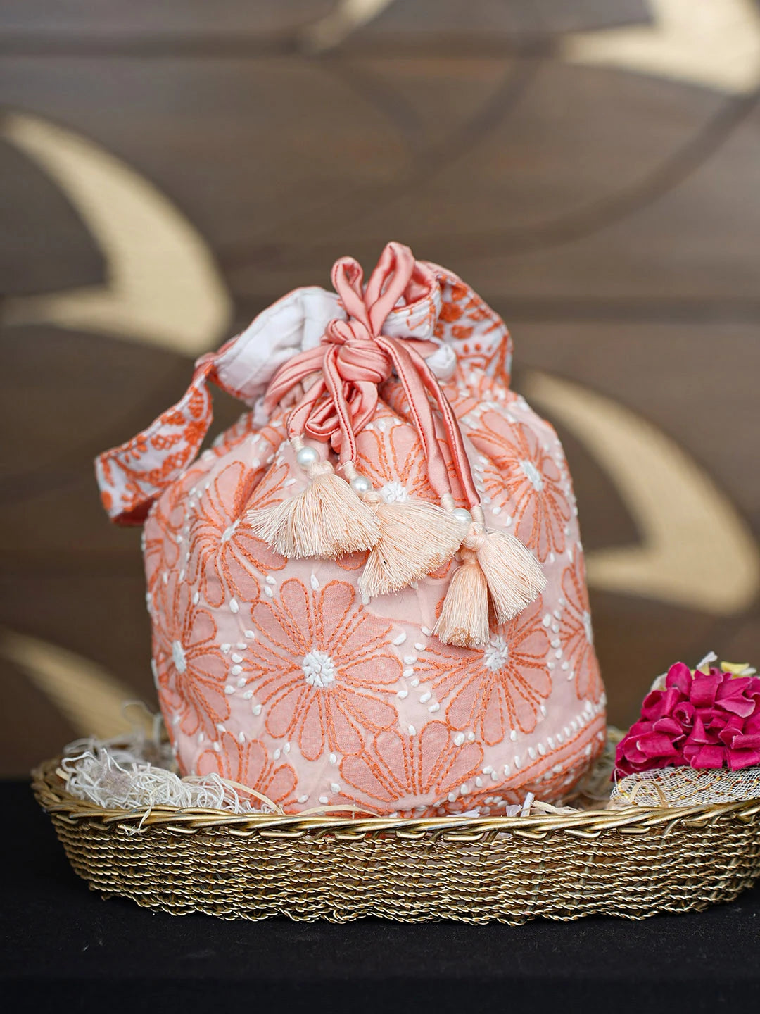 Ada Hand Embroidered Peach Cotton Lucknowi Chikankari Potli Bag 01A937133