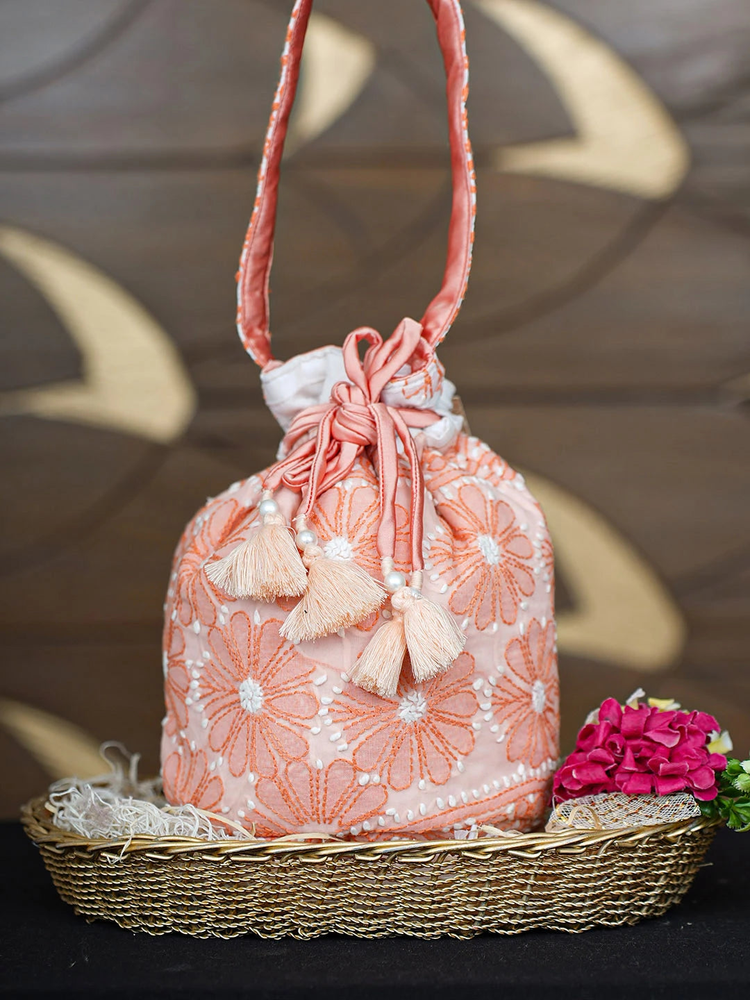 Ada Hand Embroidered Peach Cotton Lucknowi Chikankari Potli Bag 01A937133