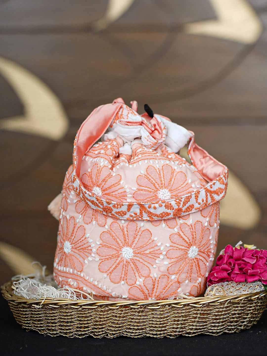 Ada Hand Embroidered Peach Cotton Lucknowi Chikankari Potli Bag 01A937133