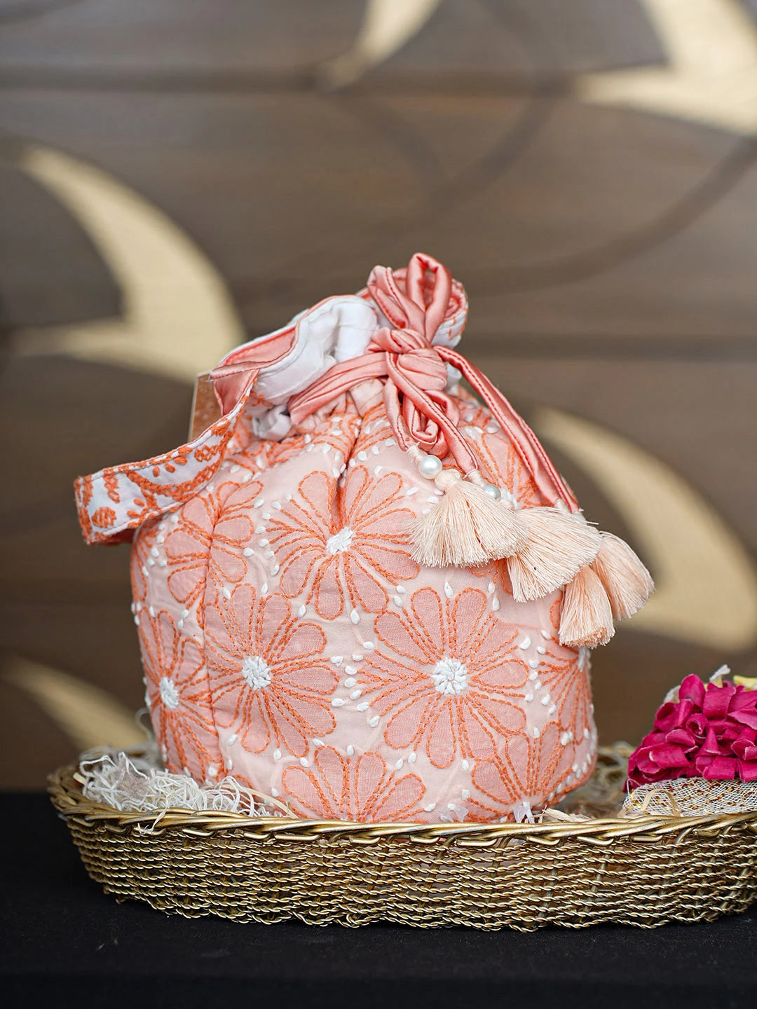Ada Hand Embroidered Peach Cotton Lucknowi Chikankari Potli Bag 01A937133