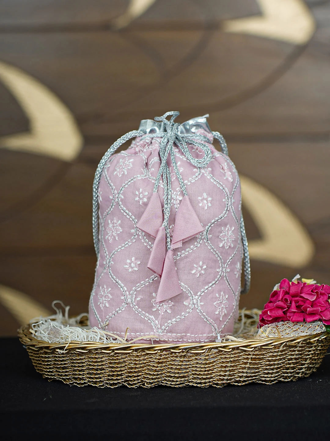 Ada Hand Embroidered Pink Cotton Lucknowi Chikankari Potli Bag With Zari Work 01A938133