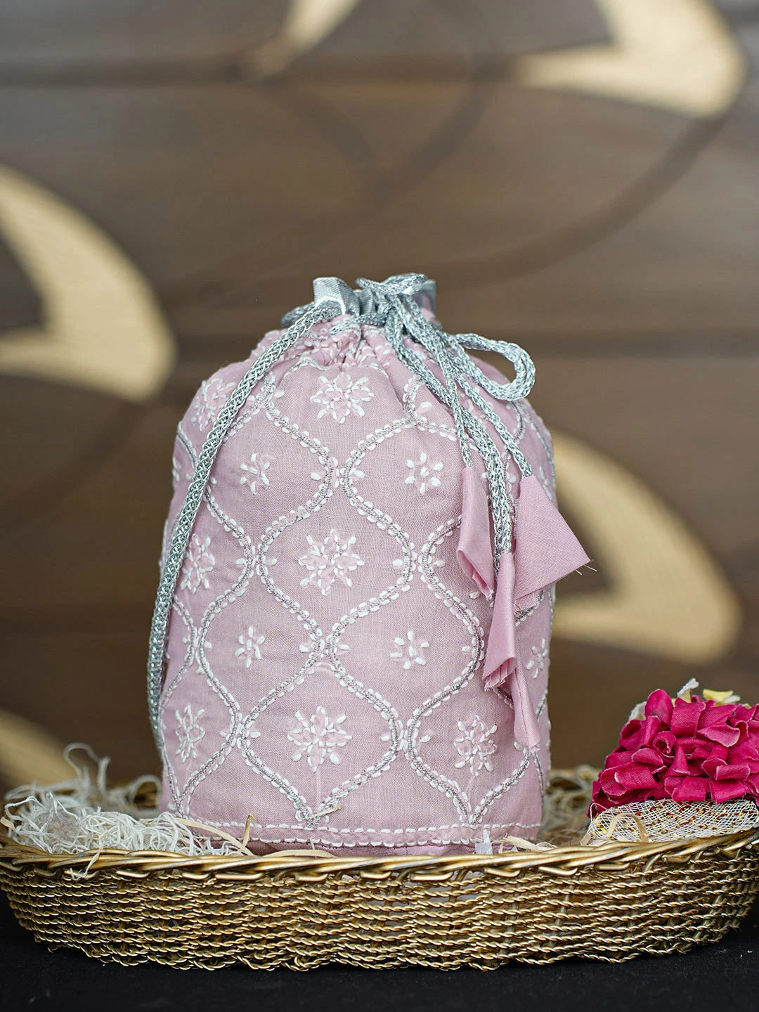 Ada Hand Embroidered Pink Cotton Lucknowi Chikankari Potli Bag With Zari Work 01A938133