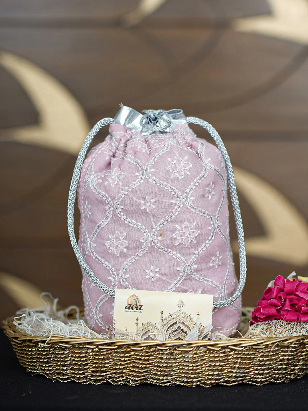 Ada Hand Embroidered Pink Cotton Lucknowi Chikankari Potli Bag With Zari Work 01A938133