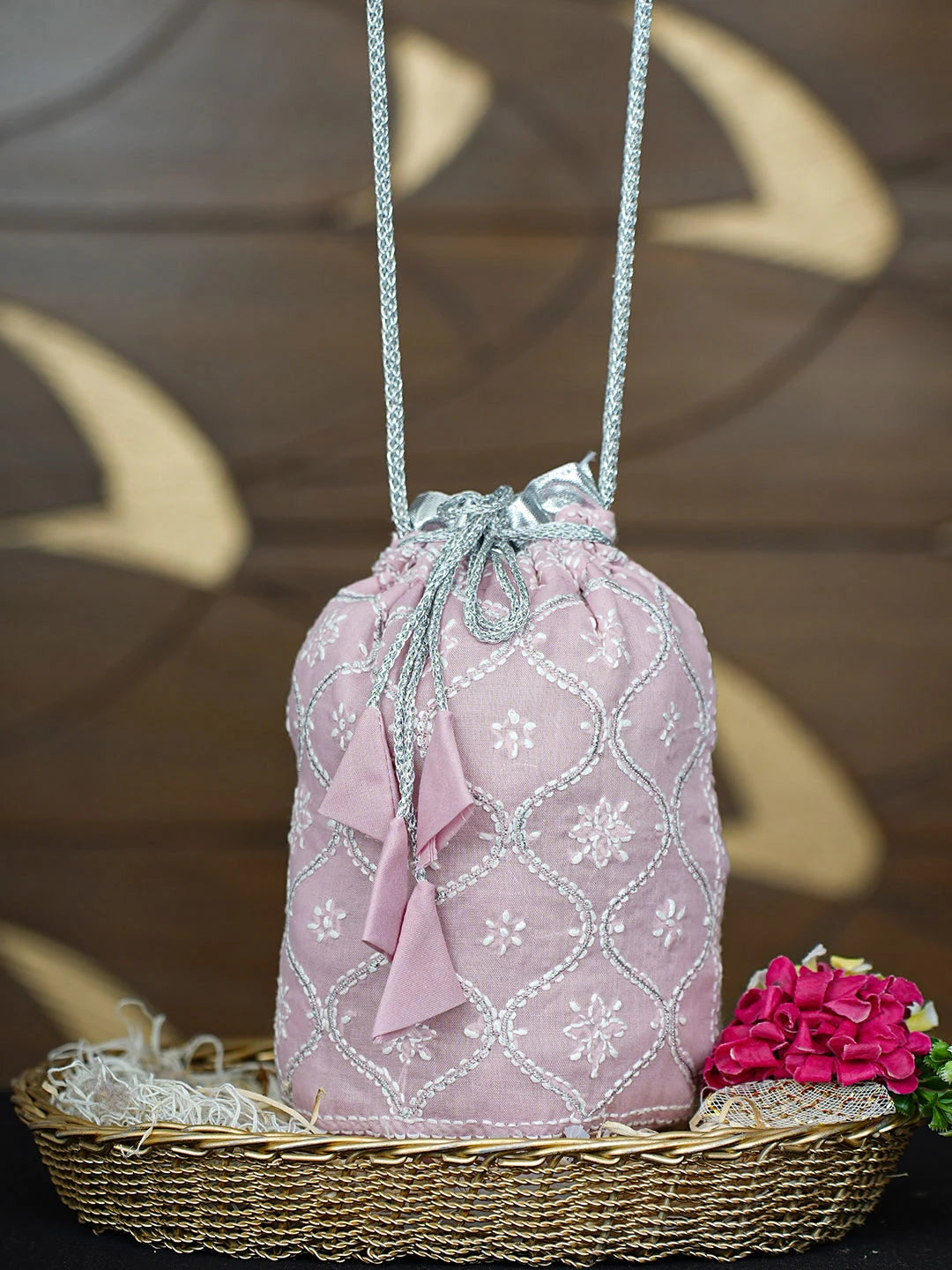 Ada Hand Embroidered Pink Cotton Lucknowi Chikankari Potli Bag With Zari Work 01A938133