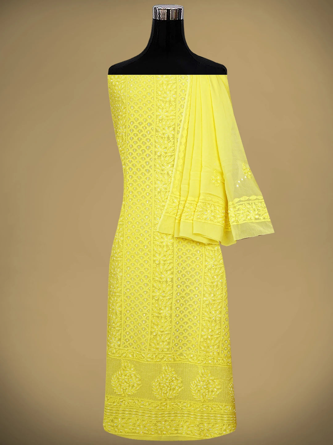 Ada Hand Embroidered Lemon Yellow Viscose Georgette Lucknowi Chikankari Unstitched Kurta Dupatta Set With Pearl Work 01A806926