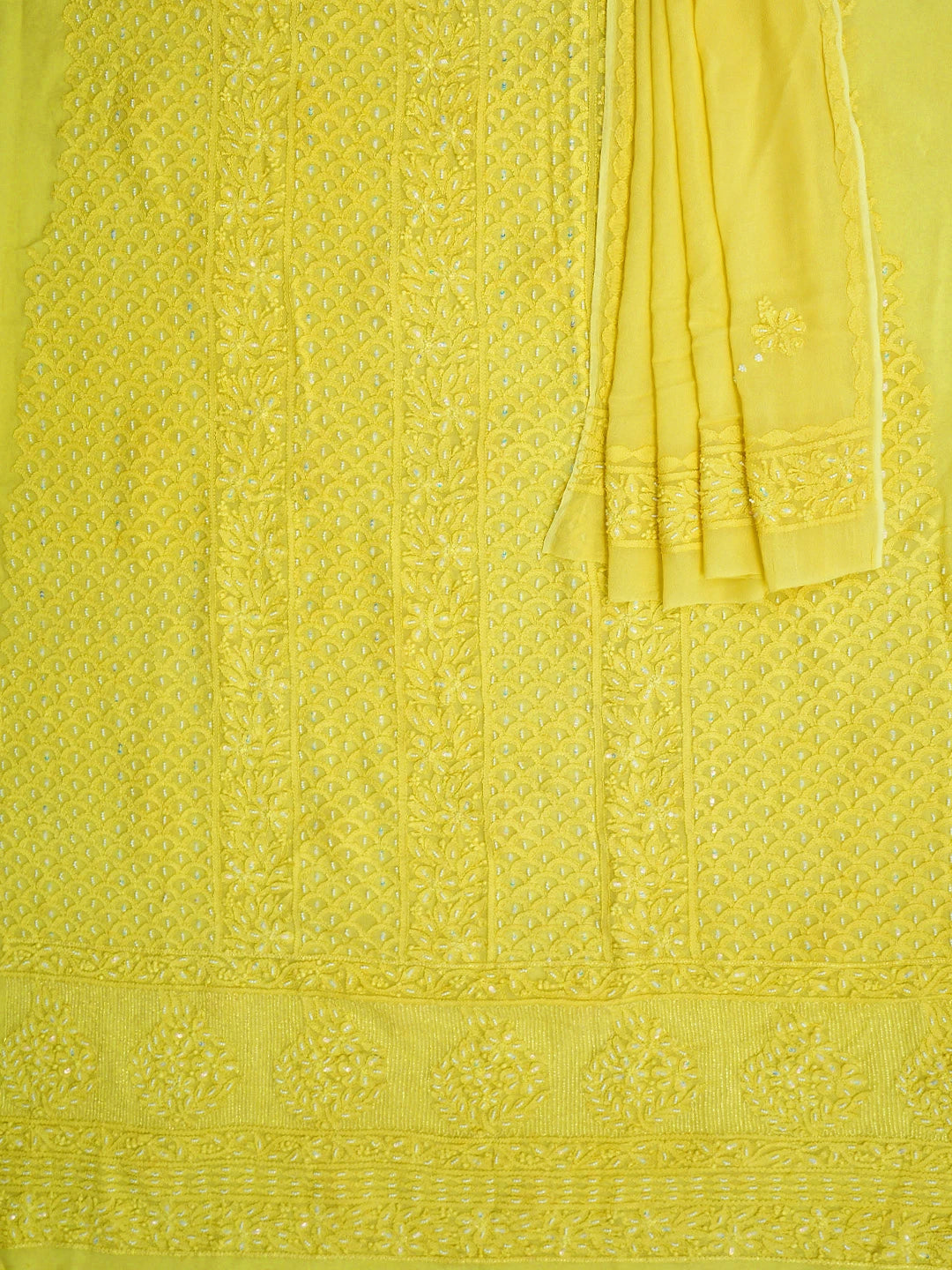 Ada Hand Embroidered Lemon Yellow Viscose Georgette Lucknowi Chikankari Unstitched Kurta Dupatta Set With Pearl Work 01A806926