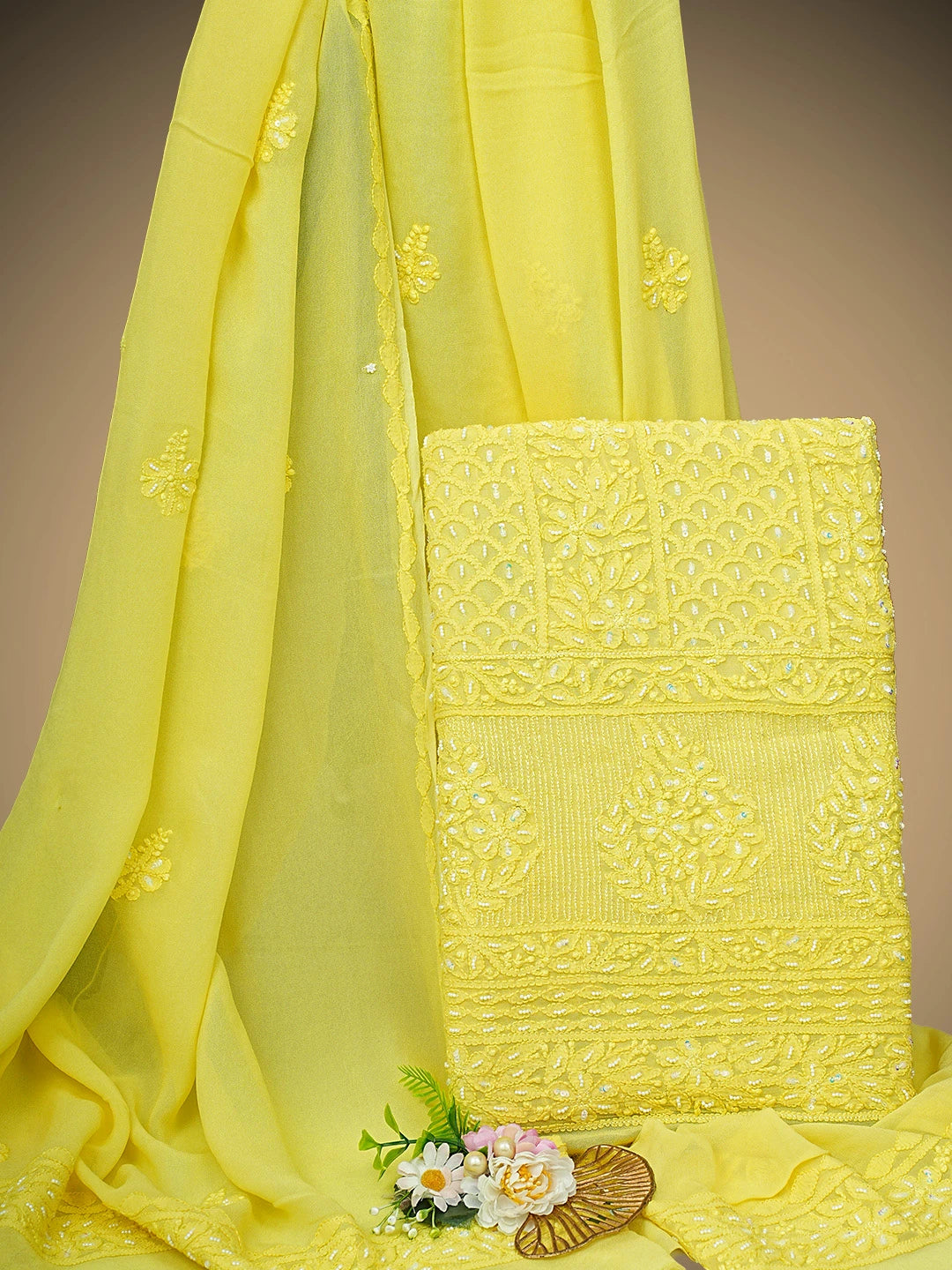 Ada Hand Embroidered Lemon Yellow Viscose Georgette Lucknowi Chikankari Unstitched Kurta Dupatta Set With Pearl Work 01A806926