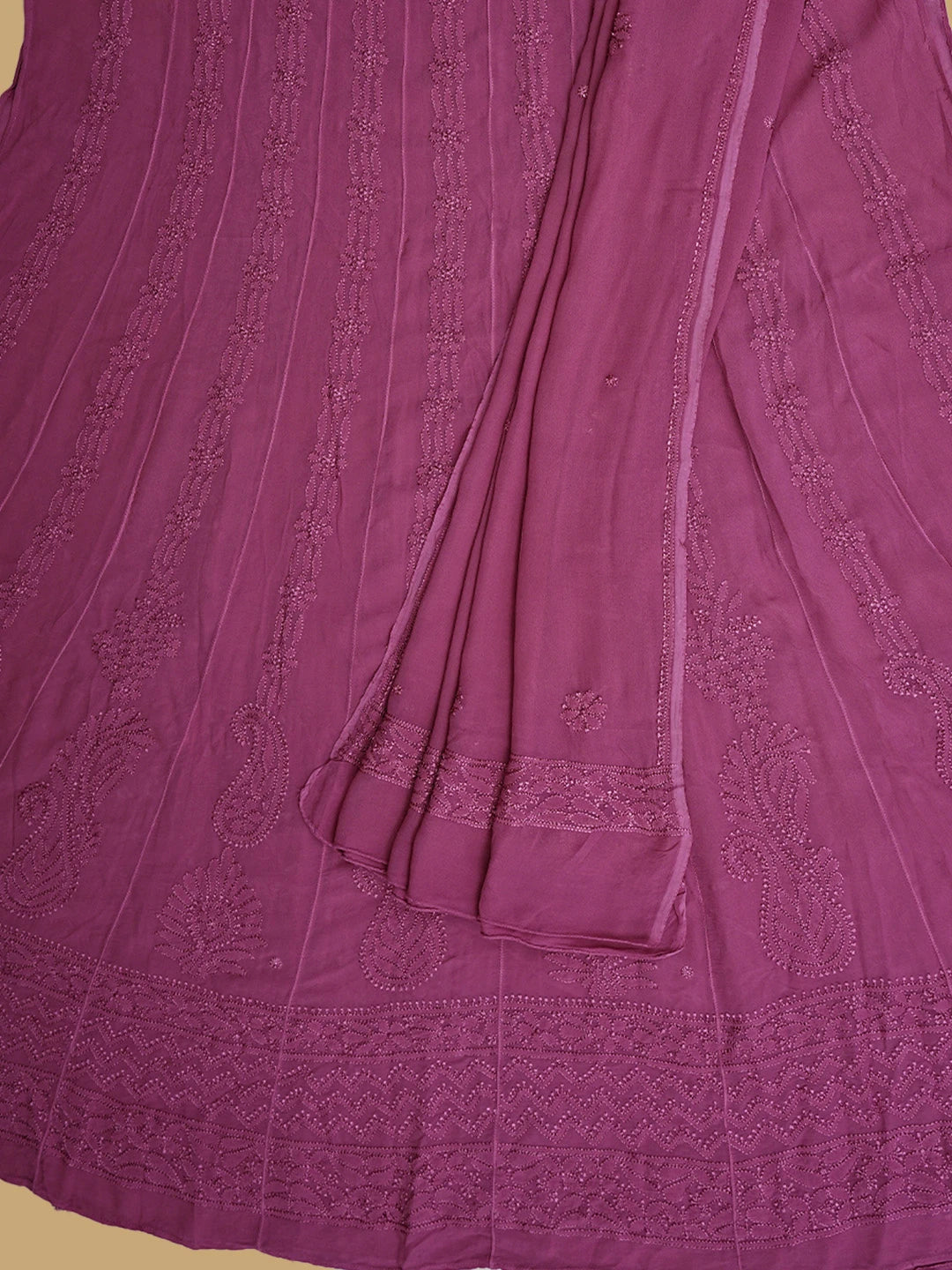 Ada Hand Embroidered Mulberry Pink Viscose Georgette Lucknowi Chikankari Semi-stitched Anarkali Kurta Dupatta Set 01A939826