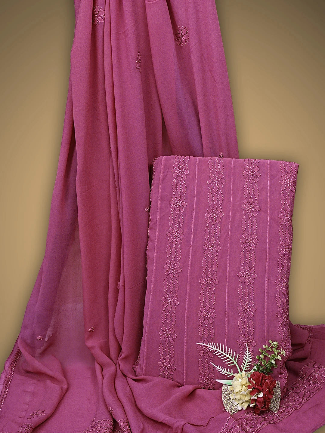 Ada Hand Embroidered Mulberry Pink Viscose Georgette Lucknowi Chikankari Semi-stitched Anarkali Kurta Dupatta Set 01A939826