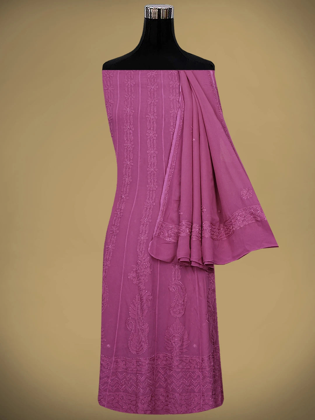 Ada Hand Embroidered Mulberry Pink Viscose Georgette Lucknowi Chikankari Semi-stitched Anarkali Kurta Dupatta Set 01A939826