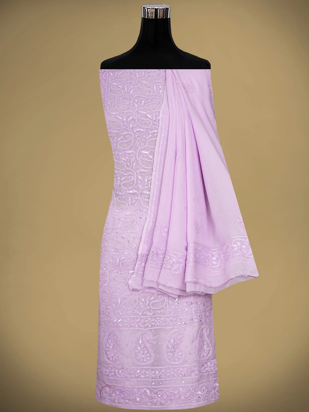 Ada Hand Embroidered Light Lavender Viscose Georgette Lucknowi Chikankari UnStitched Kurta Dupatta Set With Sequinned Work 01A813626