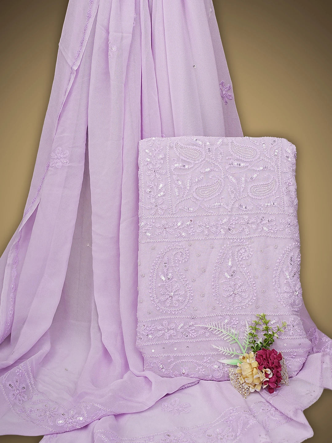 Ada Hand Embroidered Light Lavender Viscose Georgette Lucknowi Chikankari UnStitched Kurta Dupatta Set With Sequinned Work 01A813626