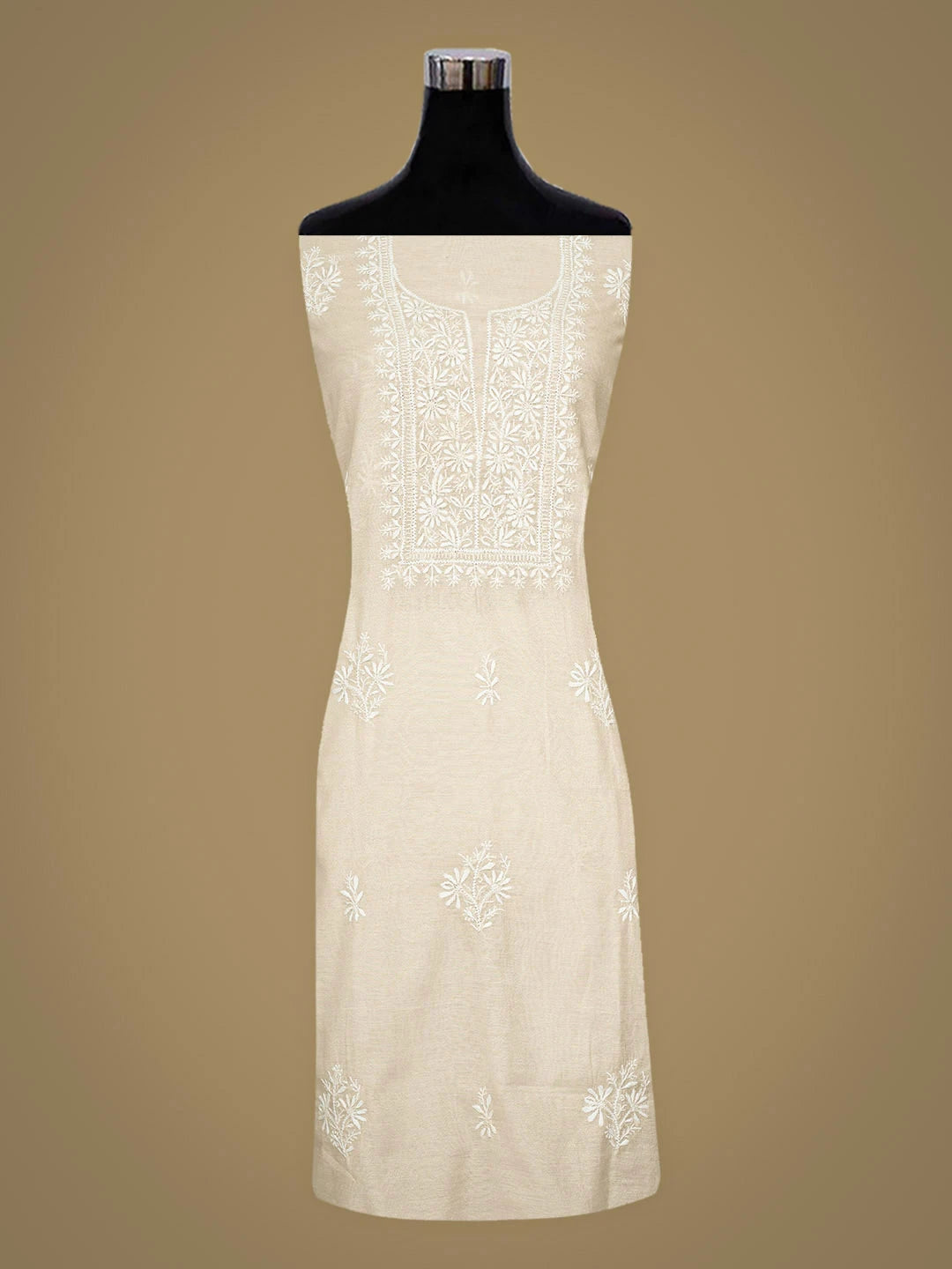 Ada Hand Embroidered Fawn Tissue Lucknowi Chikankari Unstitched Kurta Dupatta Set 01A923492