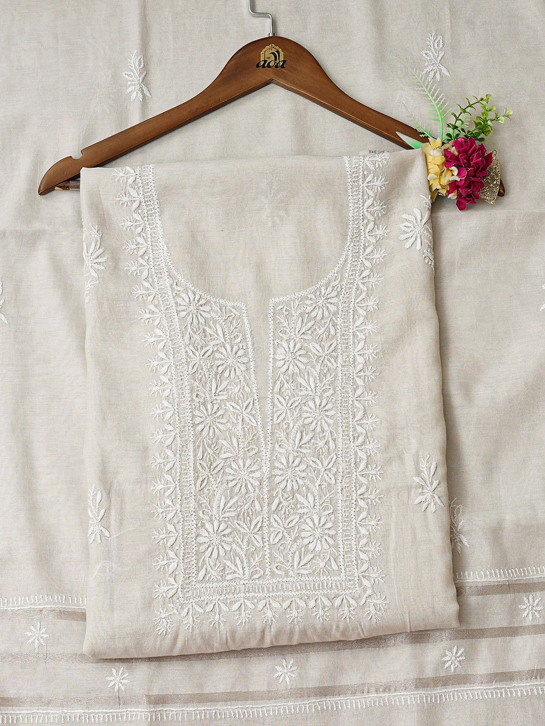 Ada Hand Embroidered Fawn Tissue Lucknowi Chikankari Unstitched Kurta Dupatta Set 01A923492