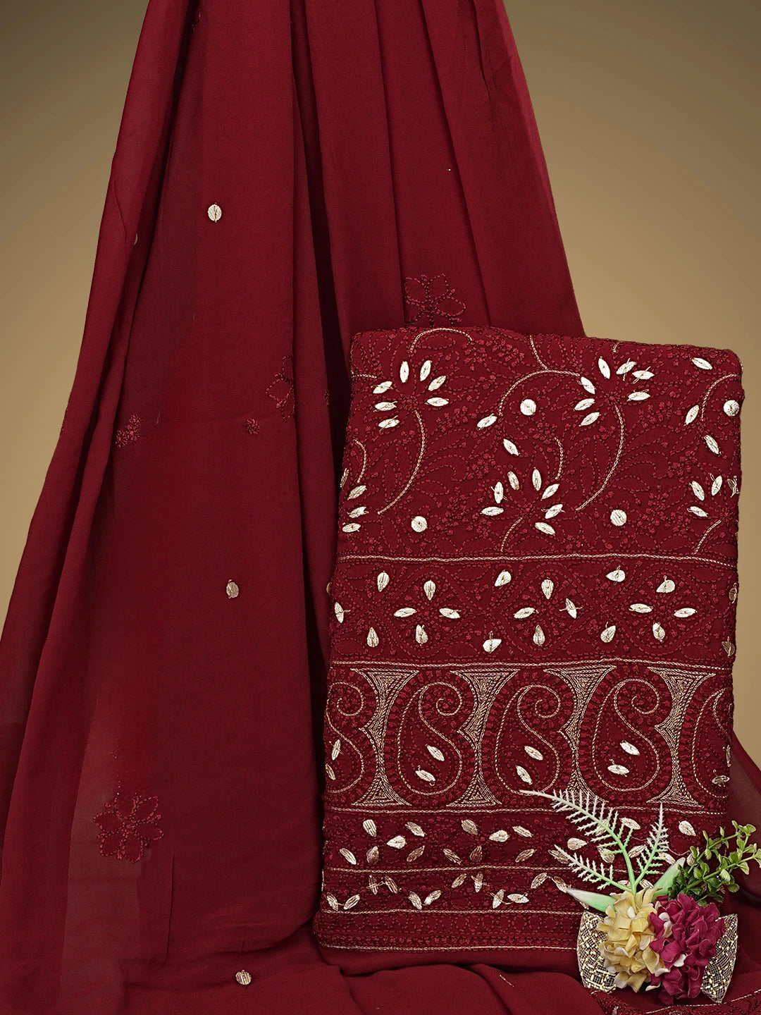 Ada Hand Embroidered Maroon Viscose Georgette Lucknowi Chikankari UnStitched Kurta Dupatta Set With Zari Work 01A933436