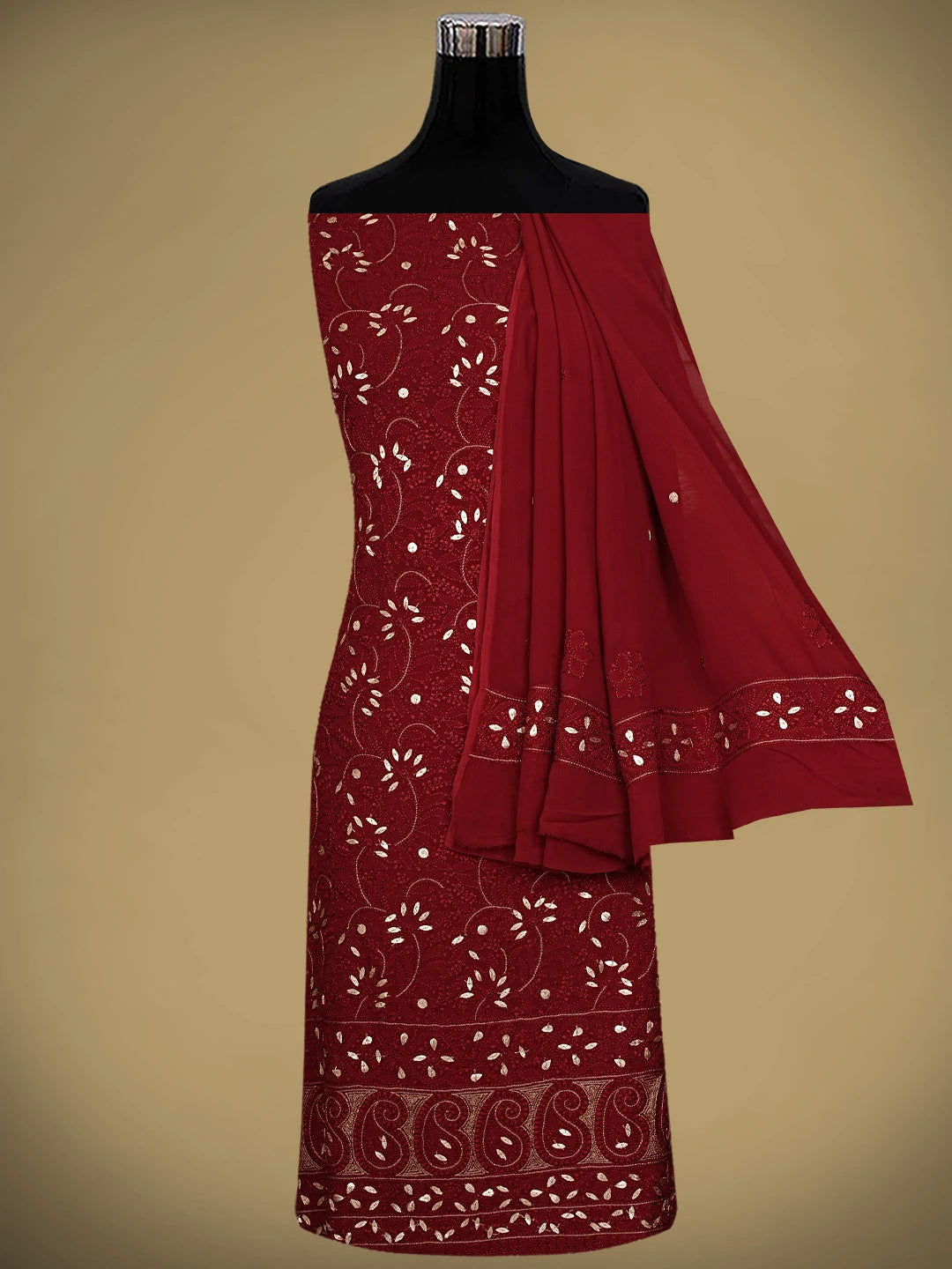 Ada Hand Embroidered Maroon Viscose Georgette Lucknowi Chikankari UnStitched Kurta Dupatta Set With Zari Work 01A933436