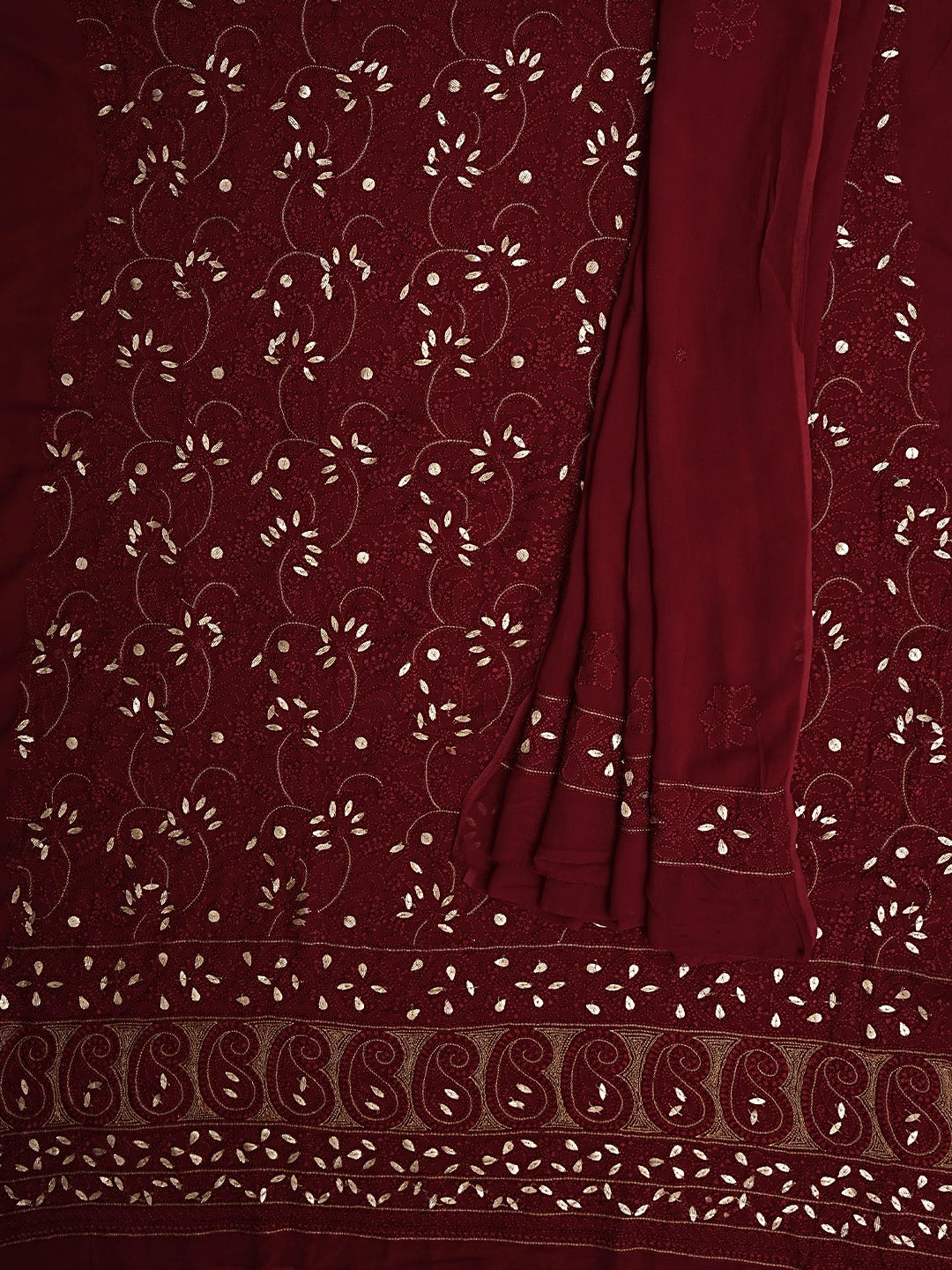 Ada Hand Embroidered Maroon Viscose Georgette Lucknowi Chikankari UnStitched Kurta Dupatta Set With Zari Work 01A933436