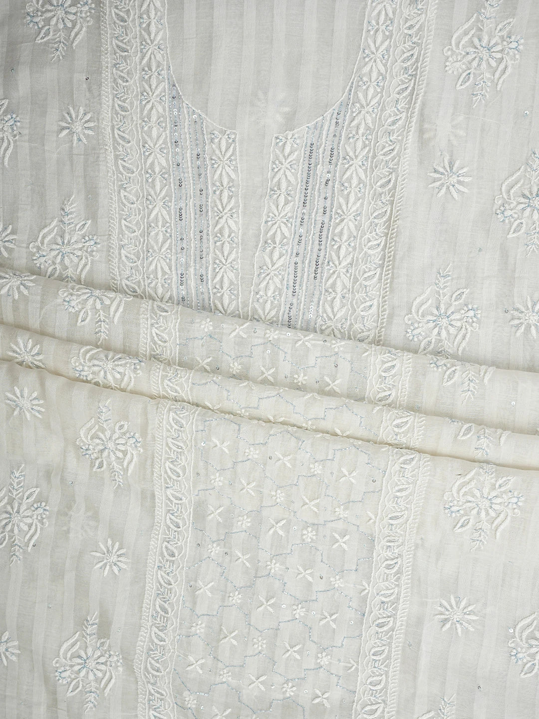Ada Hand Embroidered White Old Lace Chanderi Lucknowi Chikankari Unstitched Kurta Dupatta Set With Cutdana Work 01A919655