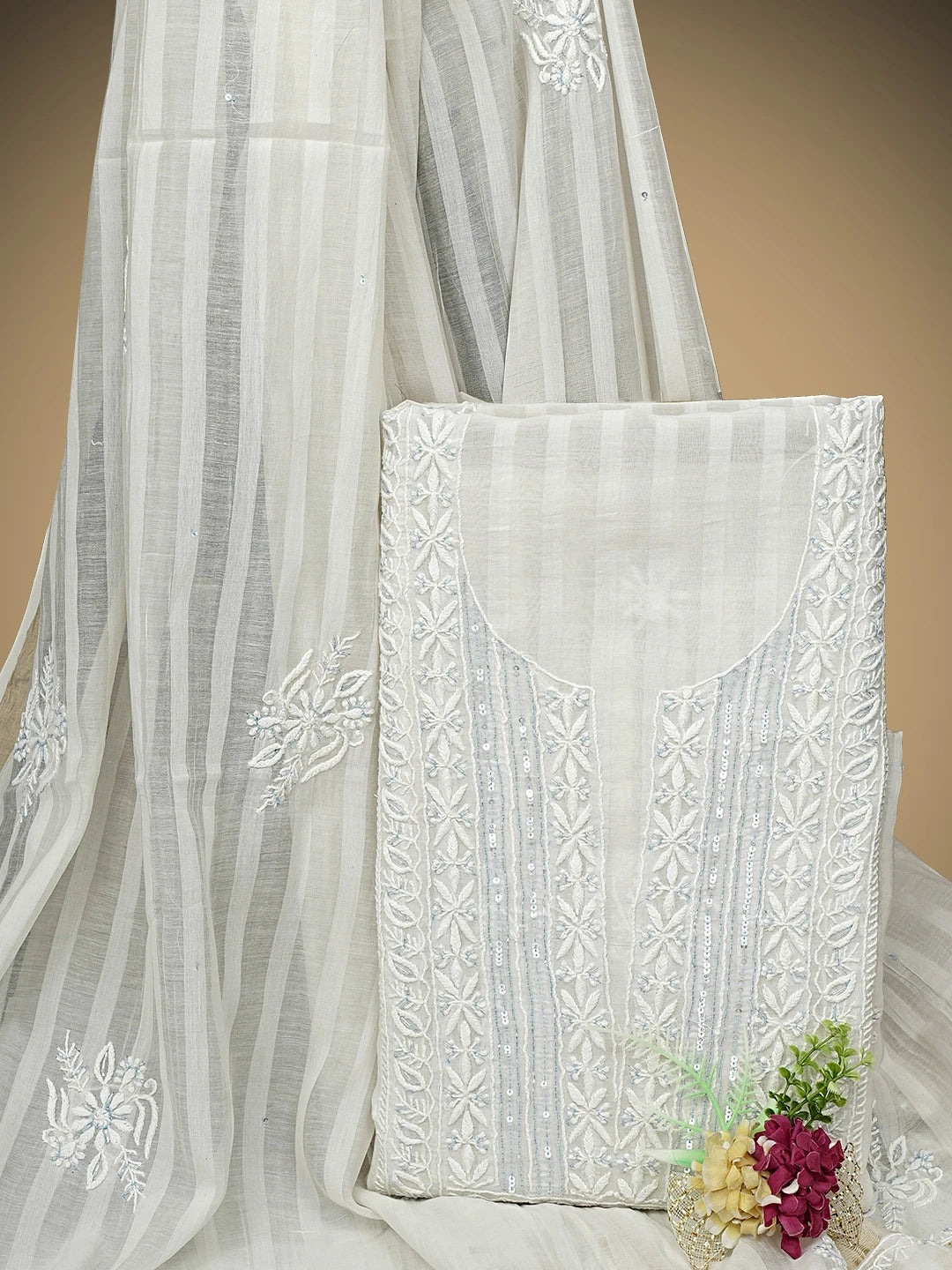 Ada Hand Embroidered White Old Lace Chanderi Lucknowi Chikankari Unstitched Kurta Dupatta Set With Cutdana Work 01A919655