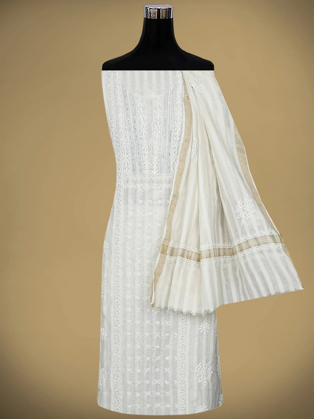 Ada Hand Embroidered White Old Lace Chanderi Lucknowi Chikankari Unstitched Kurta Dupatta Set With Cutdana Work 01A919655