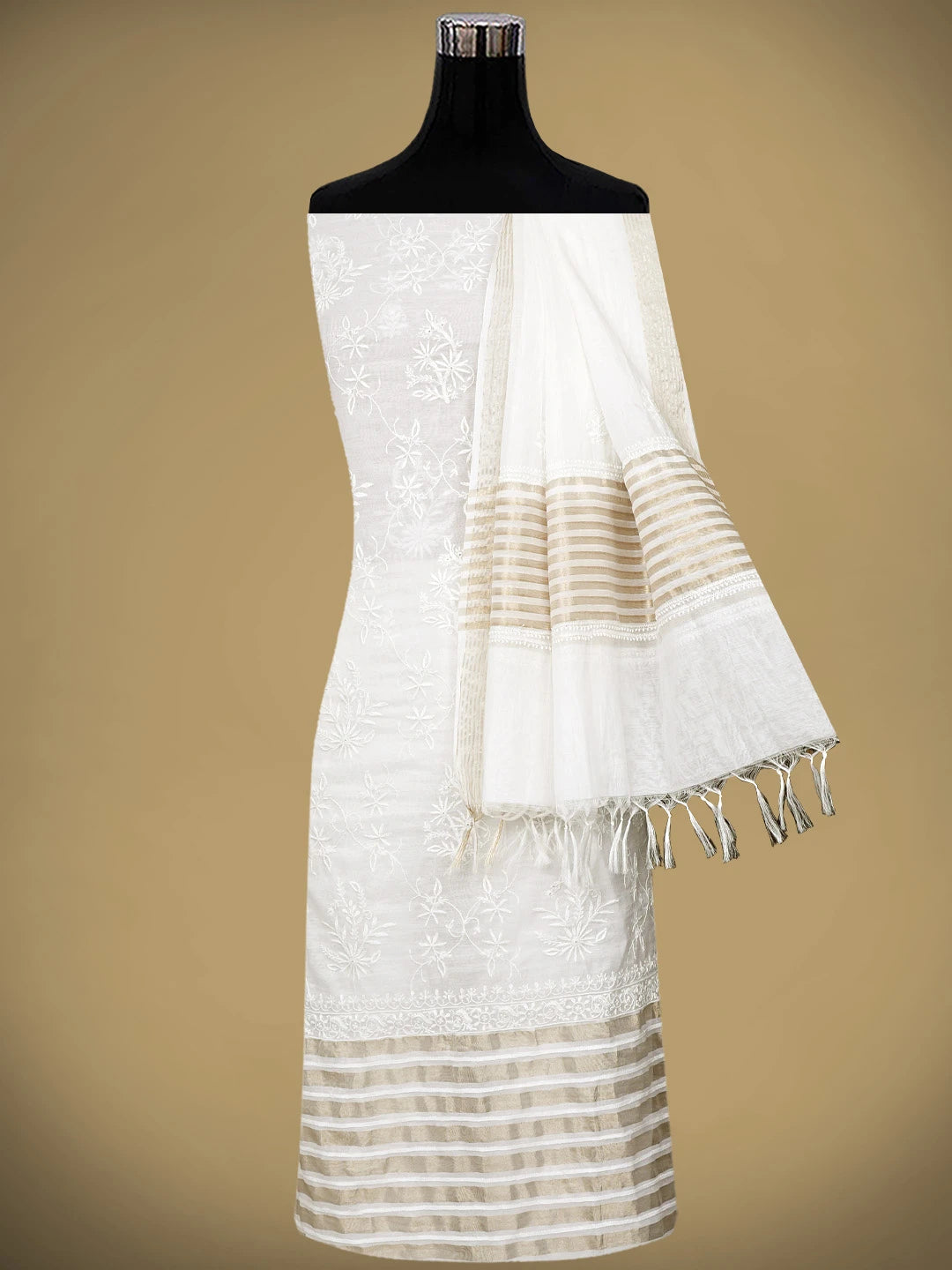 Ada Hand Embroidered White Ivoy Cream Chanderi Lucknowi Chikankari Unstitched Kurta Dupatta Set 01A939421