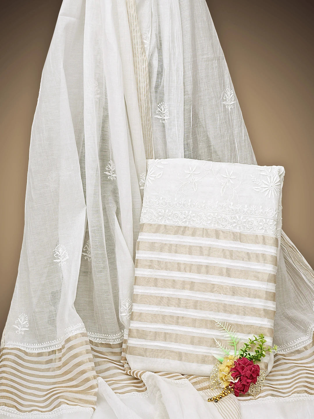 Ada Hand Embroidered White Ivoy Cream Chanderi Lucknowi Chikankari Unstitched Kurta Dupatta Set 01A939421